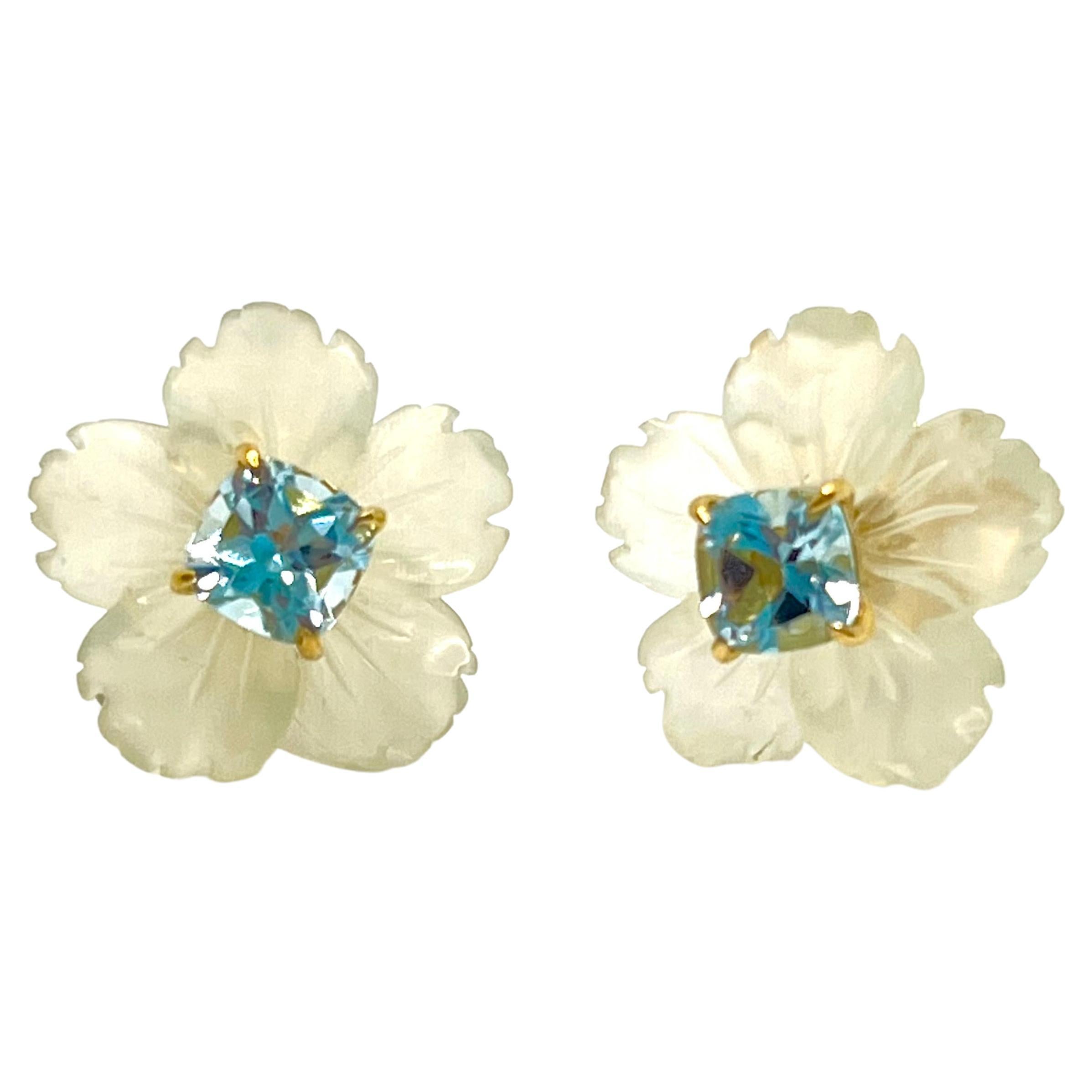 18mm Carved Serpentine Flower and Cushion Blue Topaz Vermeil Earrings For Sale