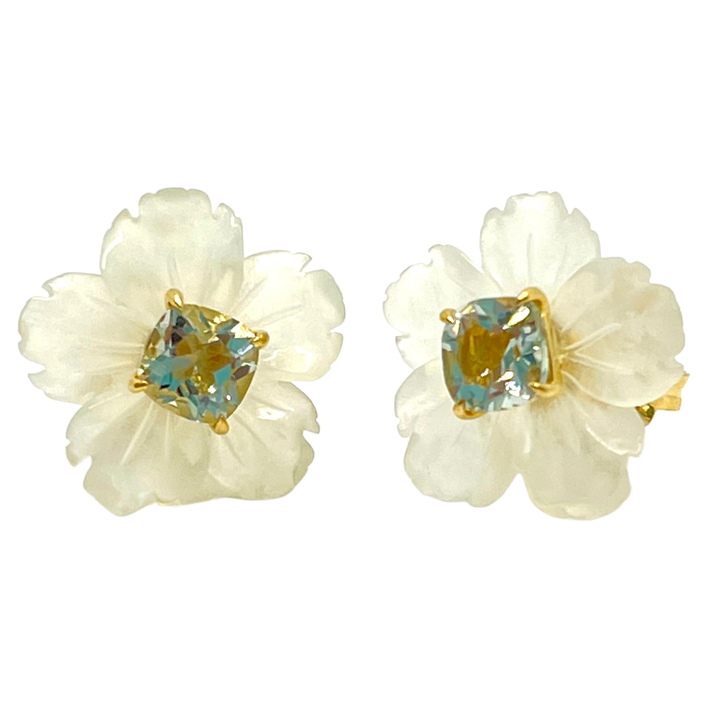 18mm Carved Serpentine Flower and Cushion Prasiolite Vermeil Earrings For Sale