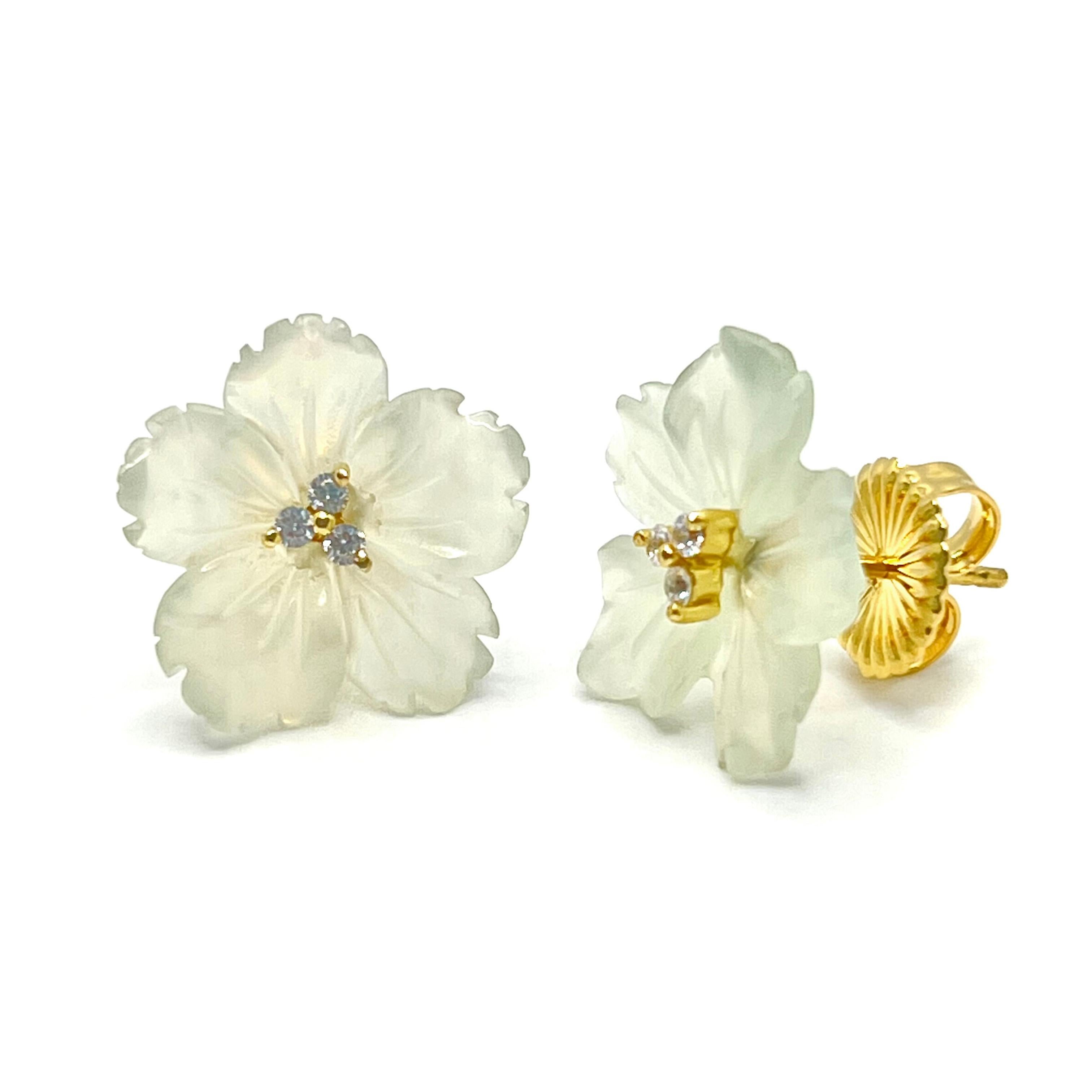 Artisan 18mm Carved Serpentine Flower Vermeil Earrings For Sale