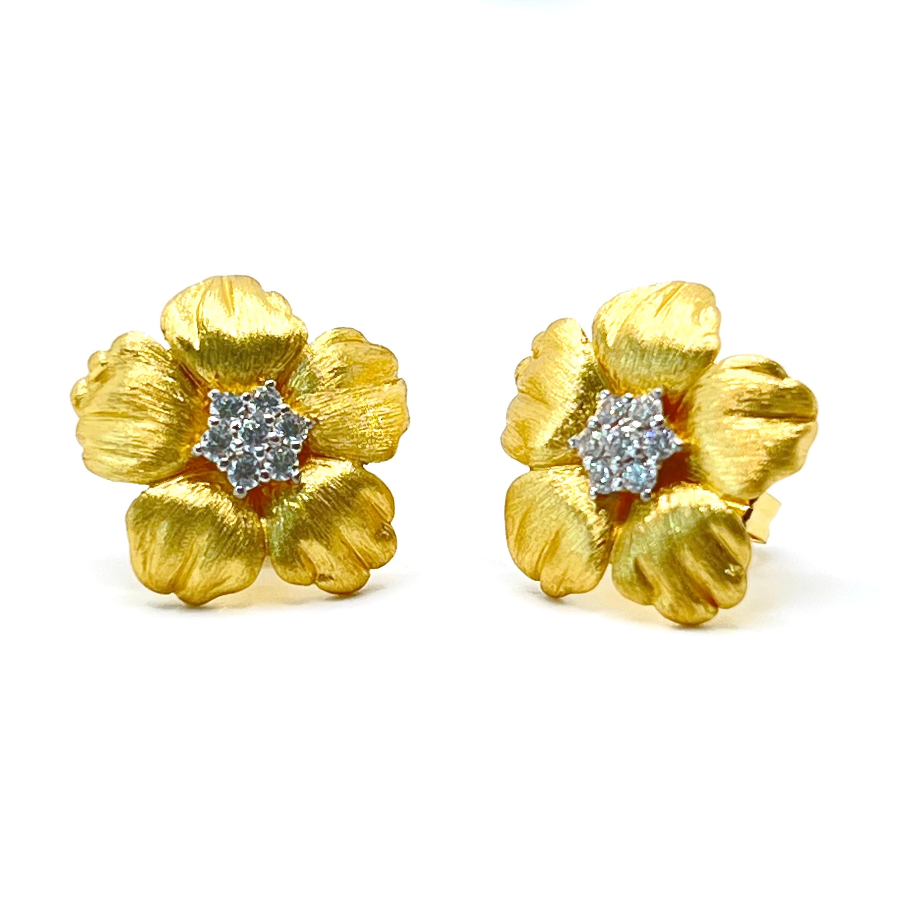 Elegant 18mm Five Petal Flower Vermeil Earrings

This stunning pair of earrings features intricate design three dimension five petal flower, adorned with round simulated diamond cz, handset in 18k yellow gold vermeil over sterling silver, finished