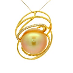 18mm Golden South Sea Pearl Diamond 18k Yellow Gold Orbital Pendant Chain