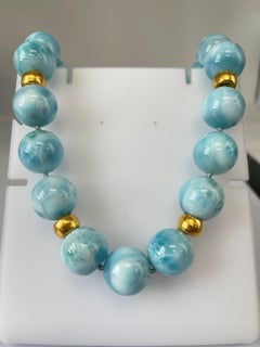 18mm Larimar and 18k Yellow Gold Beaded Necklace, 19 Inches