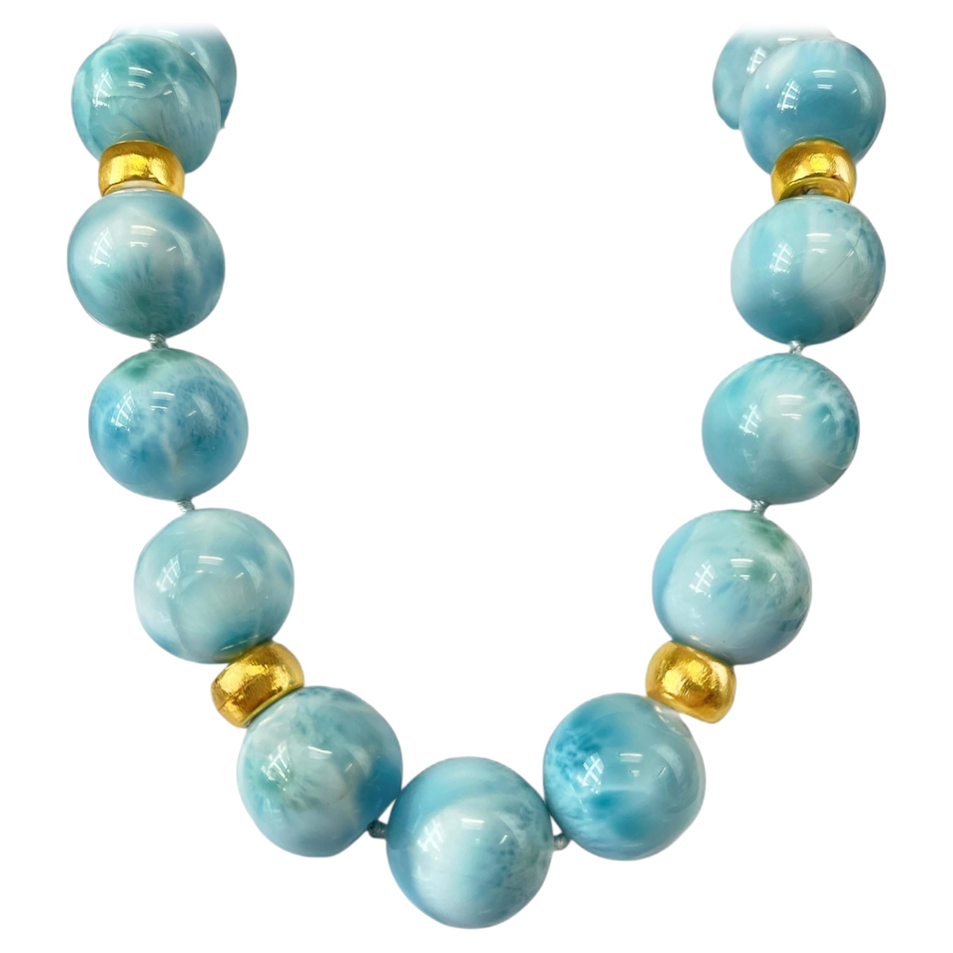 Collana di perline in larimar da 18 mm e oro giallo 18k, 19 pollici