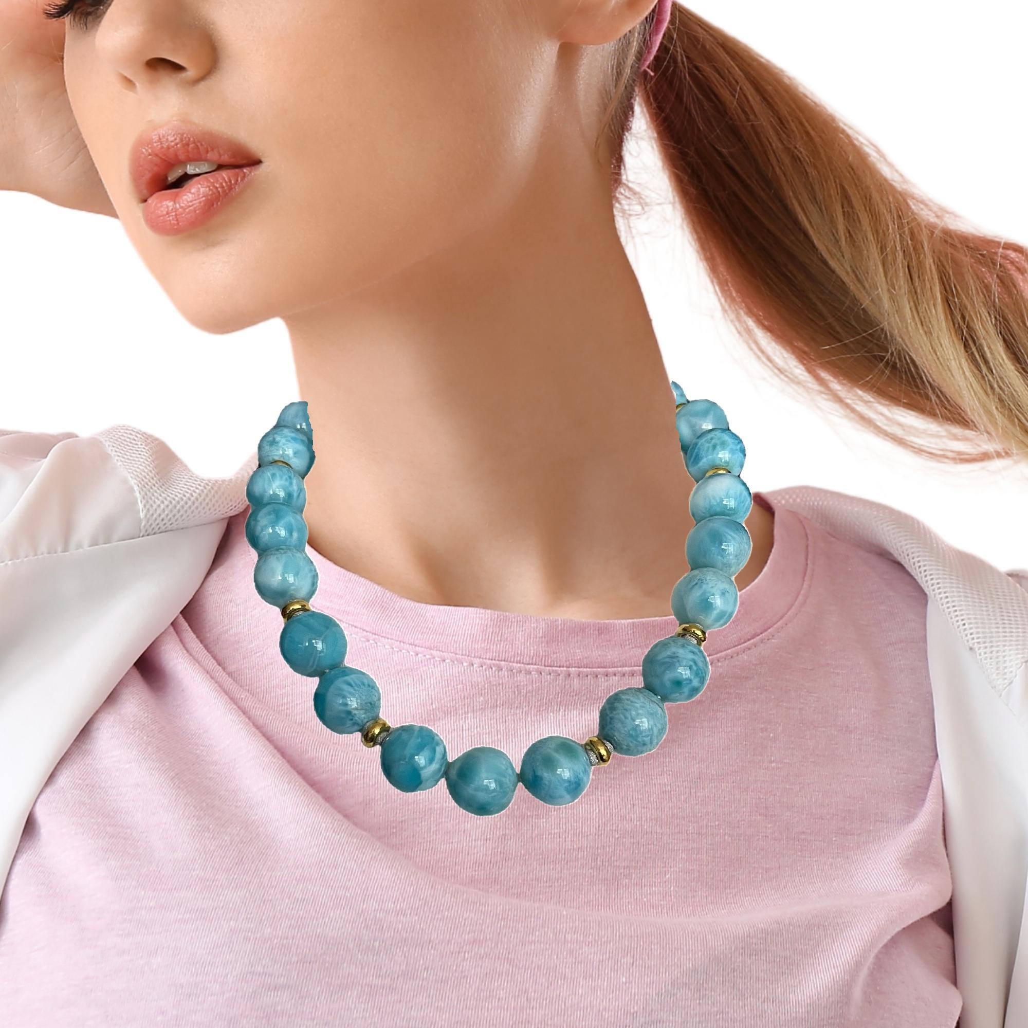 18mm Larimar Beaded Necklace with Yellow Gold Accents, 20 Inches For Sale 5