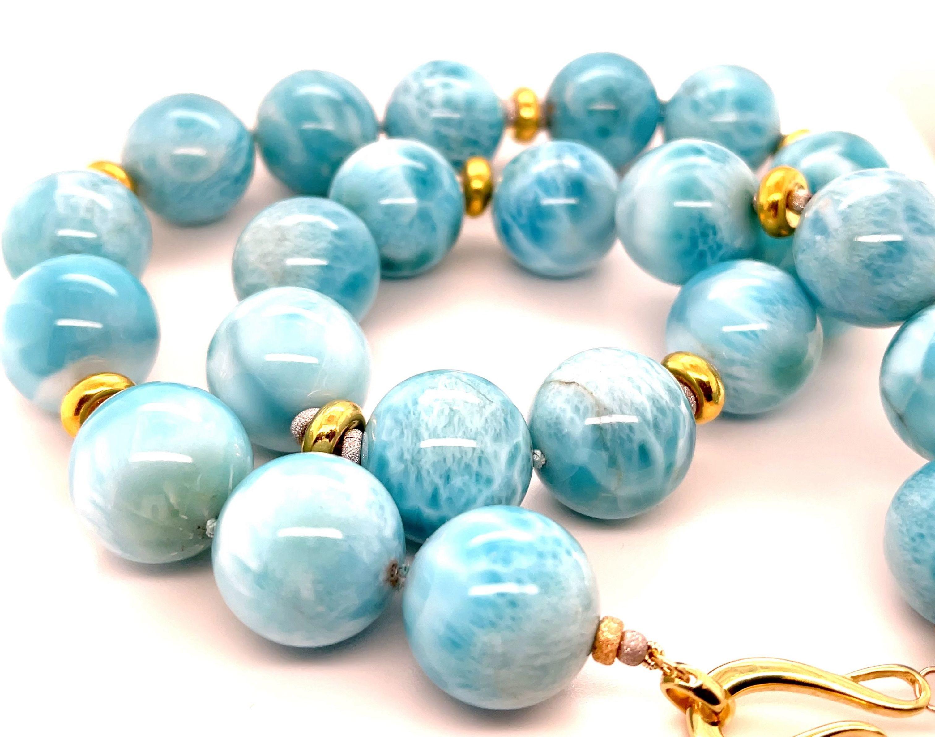 Artisan 18mm Larimar Beaded Necklace with Yellow Gold Accents, 20 Inches For Sale
