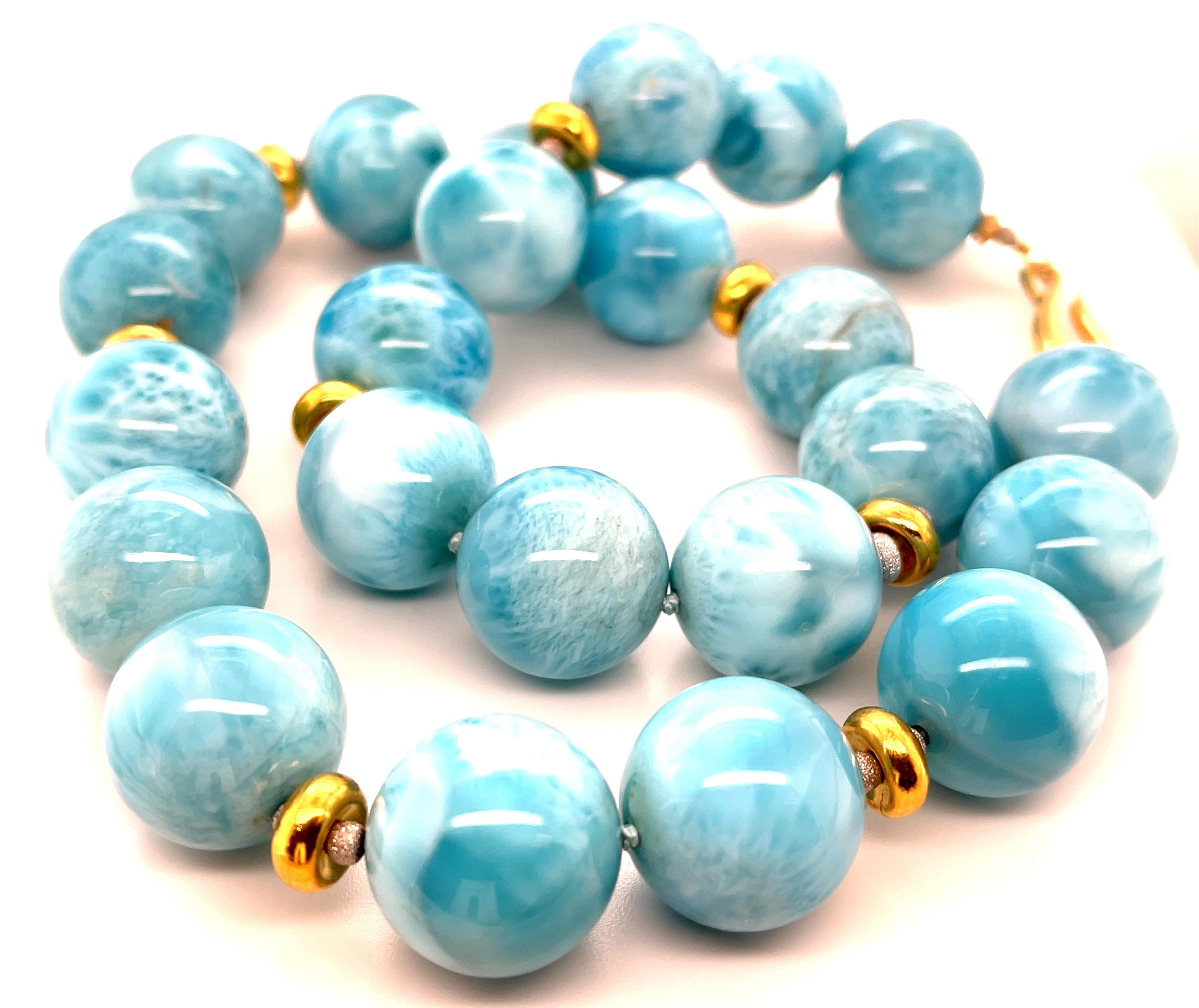 18mm Larimar Beaded Necklace with Yellow Gold Accents, 20 Inches In New Condition For Sale In Los Angeles, CA
