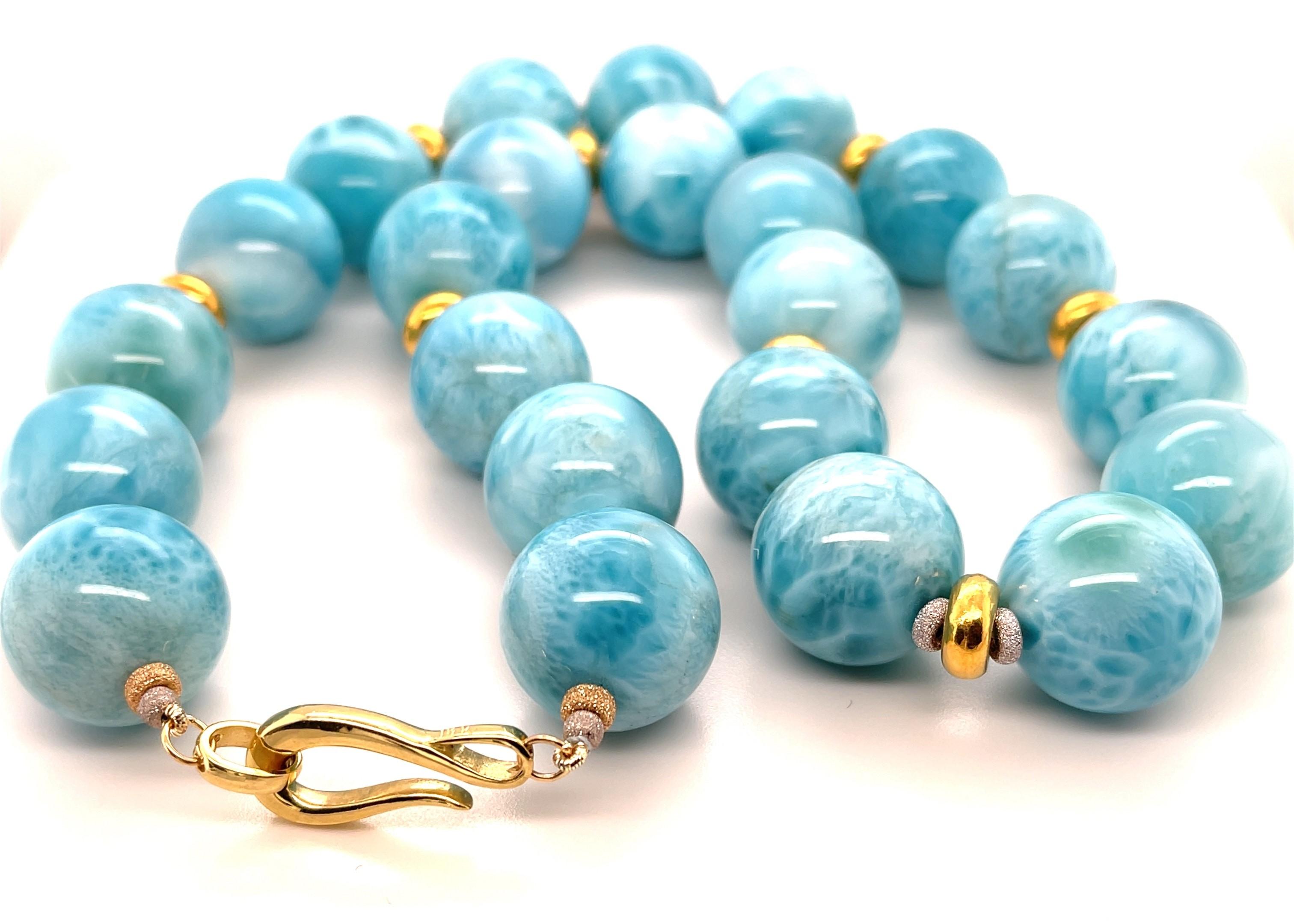 Women's 18mm Larimar Beaded Necklace with Yellow Gold Accents, 20 Inches For Sale