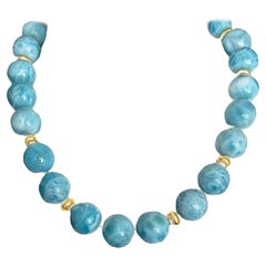 18mm Larimar Beaded Necklace with Yellow Gold Accents, 20 Inches