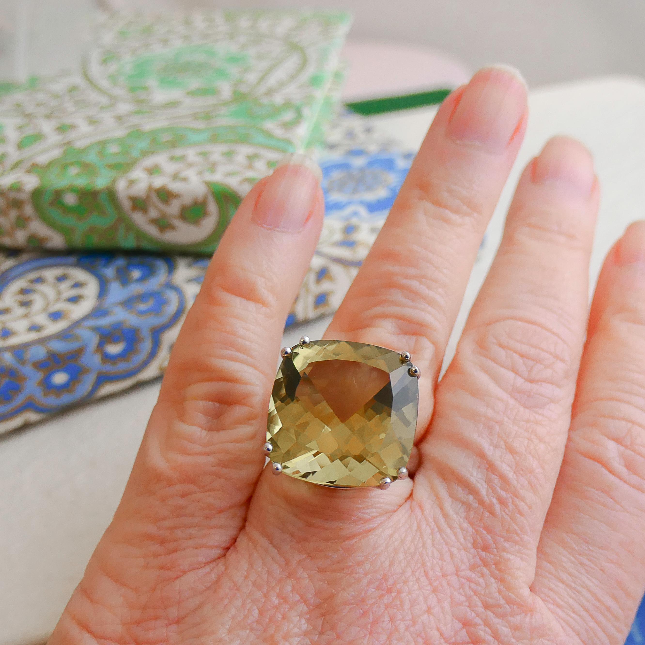 18mm Lemon Quartz Sterling Silver Cocktail Statement Ring For Sale 3
