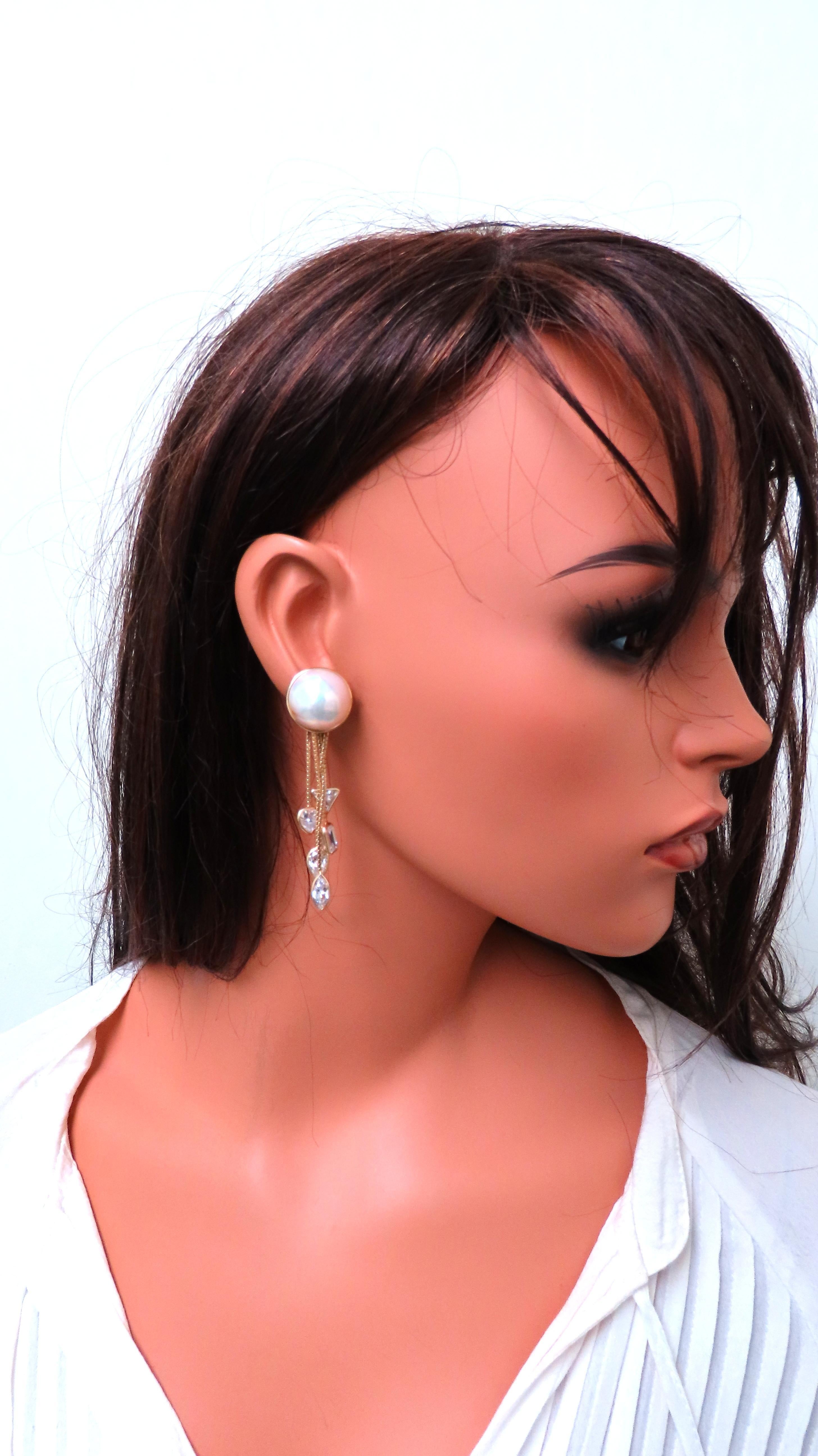 18mm Mabe Pearl Dangle CZ 14kt gold earrings Cosmopolitan Edit 12385 For Sale 1
