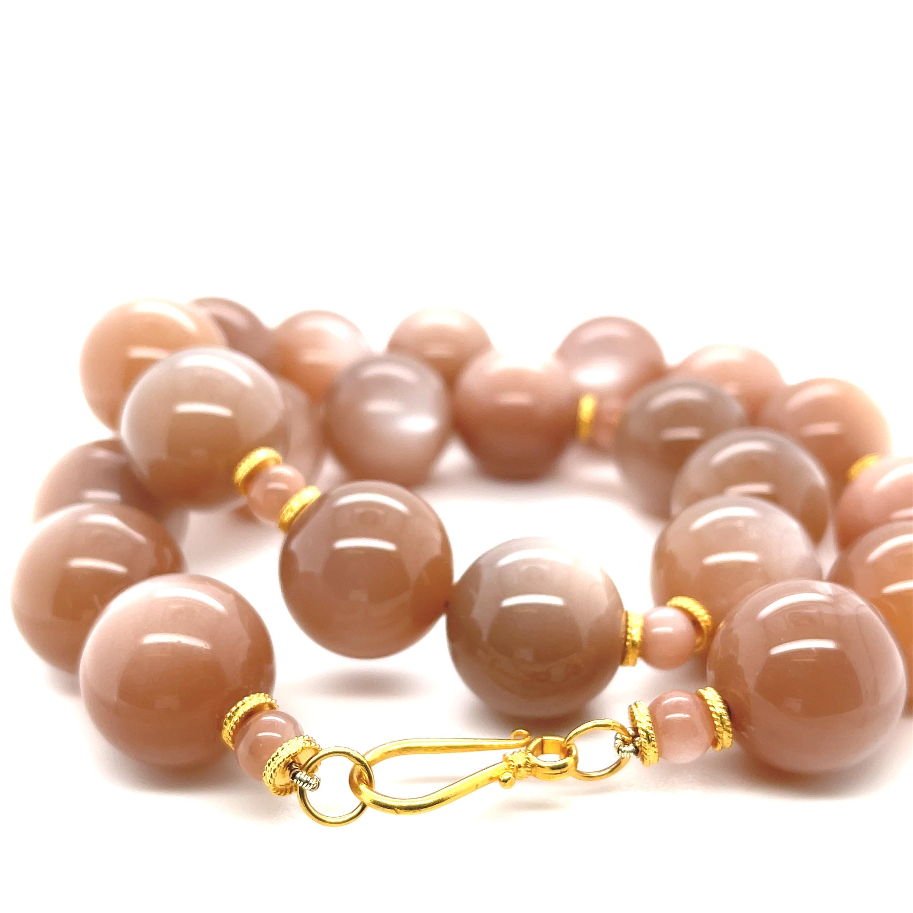 Artisan 18mm Peach Moonstone Beaded Necklace with 18k Yellow Gold Clasp