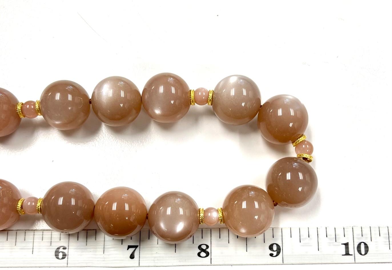 Women's or Men's 18mm Peach Moonstone Beaded Necklace with 18k Yellow Gold Clasp