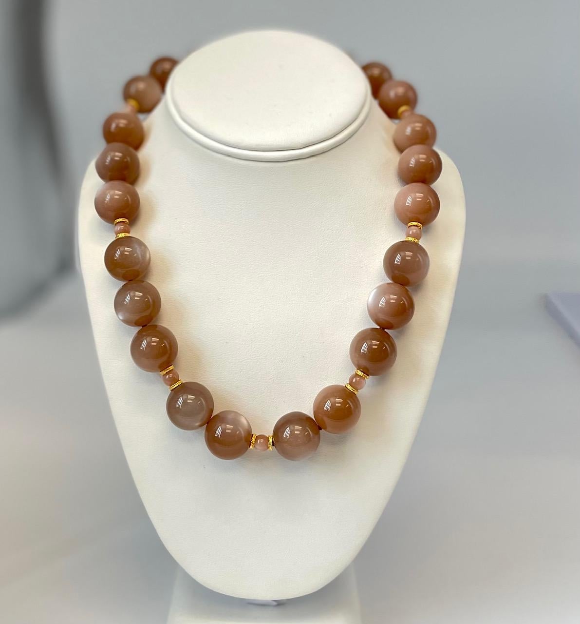 18mm Peach Moonstone Beaded Necklace with 18k Yellow Gold Clasp 1