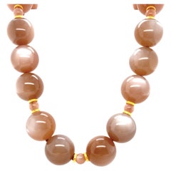 18mm Peach Moonstone Beaded Necklace with 18k Yellow Gold Clasp