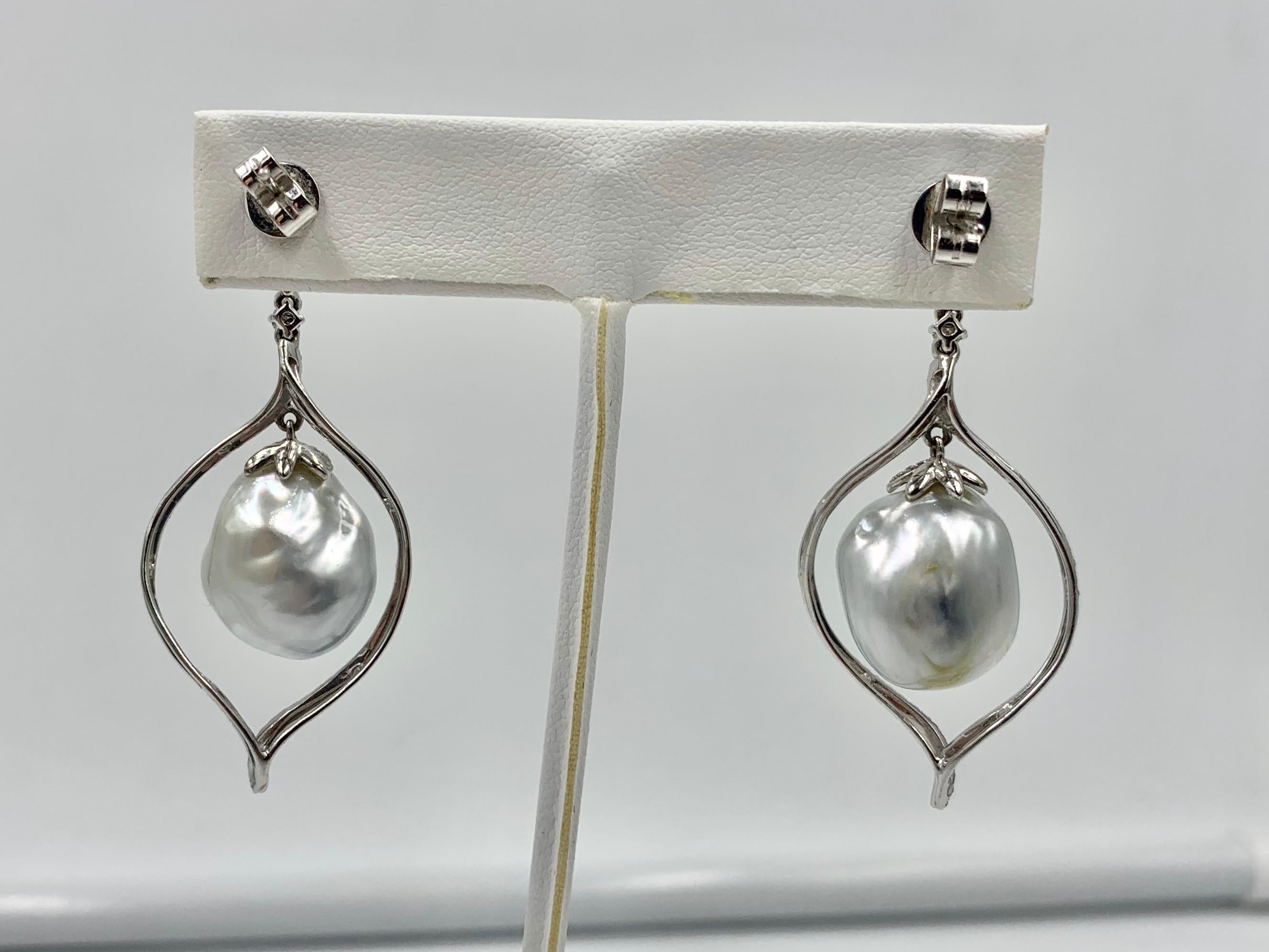 South Sea Pearl Diamond Dangle Drop Earrings 18 Karat White Gold 3