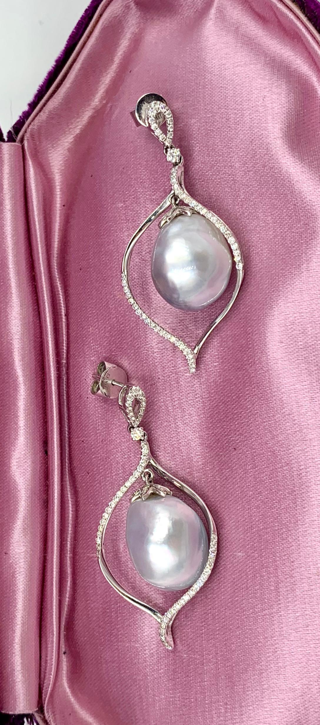 Contemporary South Sea Pearl Diamond Dangle Drop Earrings 18 Karat White Gold