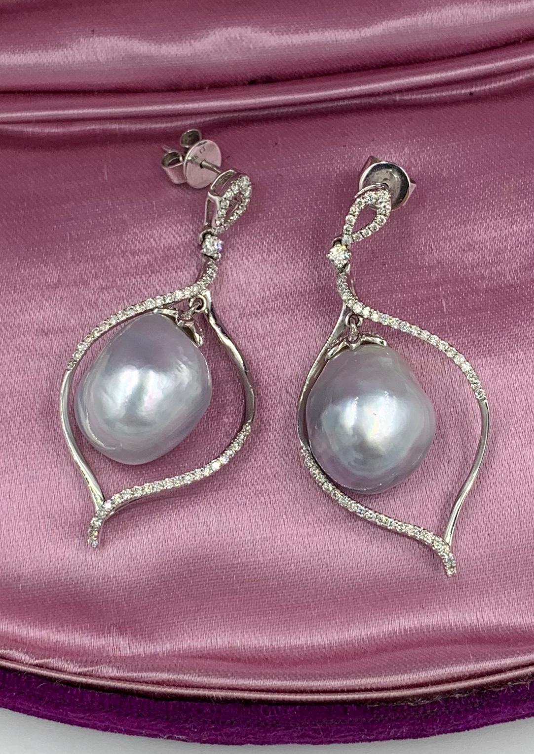 Round Cut South Sea Pearl Diamond Dangle Drop Earrings 18 Karat White Gold