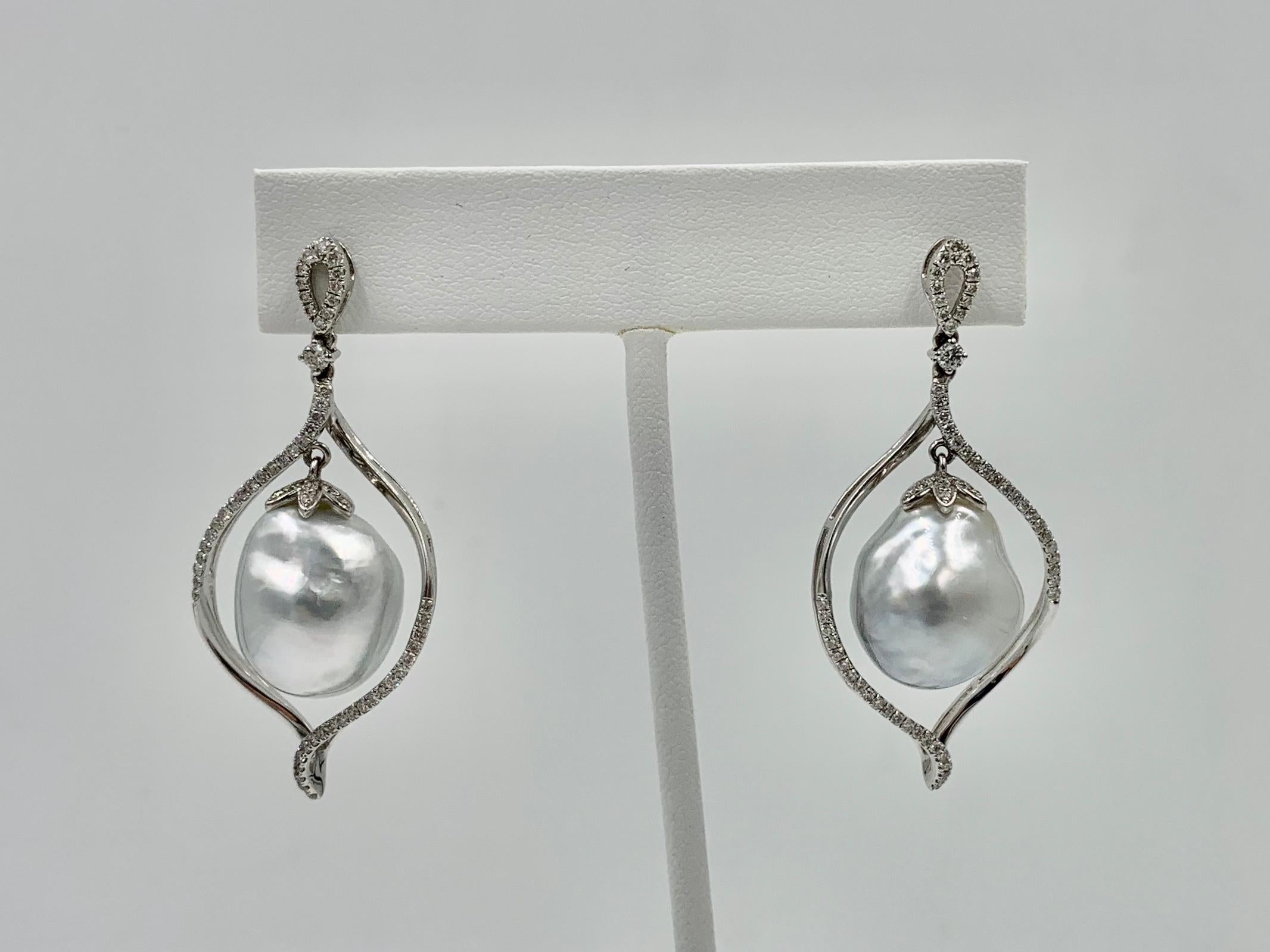 Women's South Sea Pearl Diamond Dangle Drop Earrings 18 Karat White Gold