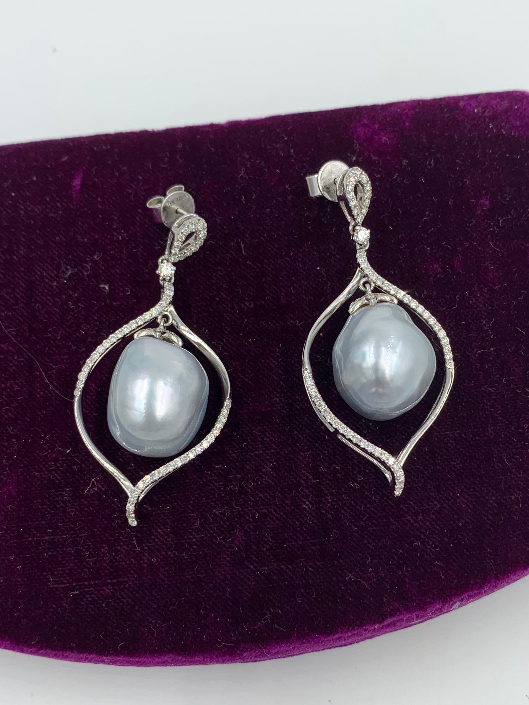 South Sea Pearl Diamond Dangle Drop Earrings 18 Karat White Gold 1