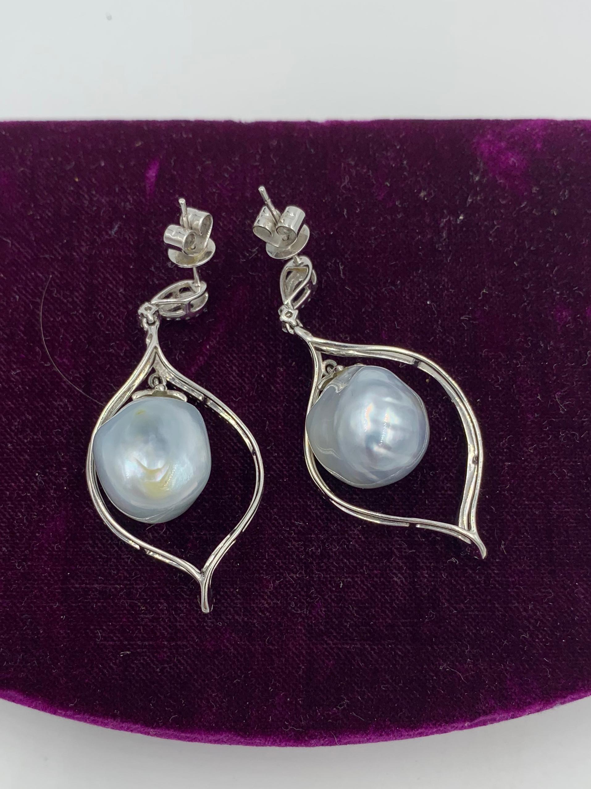 South Sea Pearl Diamond Dangle Drop Earrings 18 Karat White Gold 2