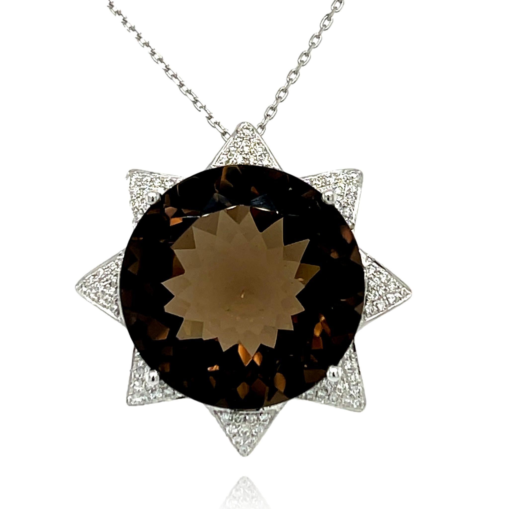 Round Cut 18mm top quality round Smokey Topaz and Diamond 14KW Gold Pendant For Sale