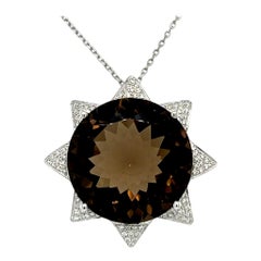 Pendentif en or 14 carats de qualité supérieure avec topaze ronde fumée et diamants de 18 mm