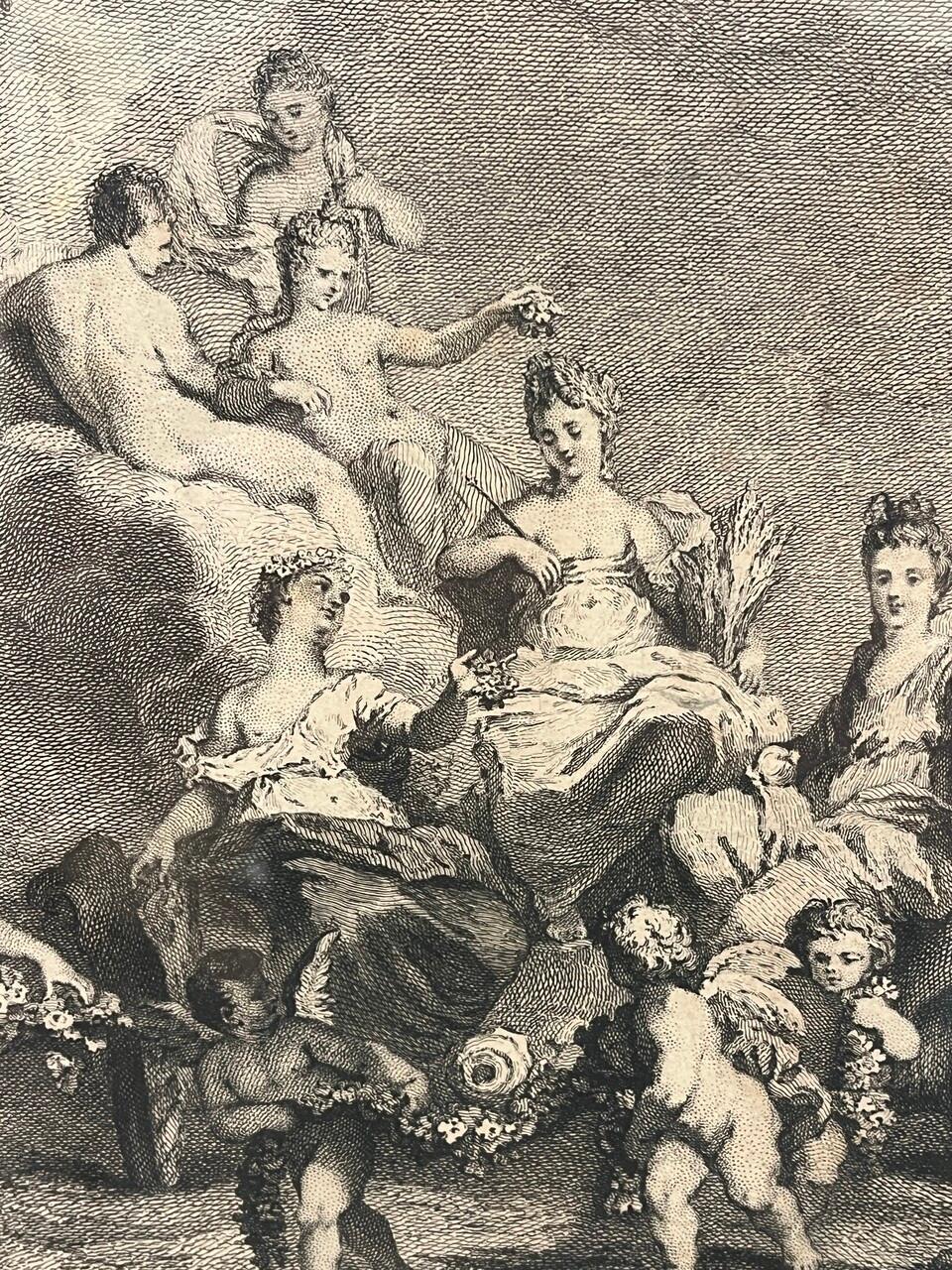 The Triumph of Ceres engraving by Louis Crepy after Jean-Antoine Watteau. Has Watteau inscription on bottom left and Crepy inscription on the right. An early 1700's French engraving or etching.