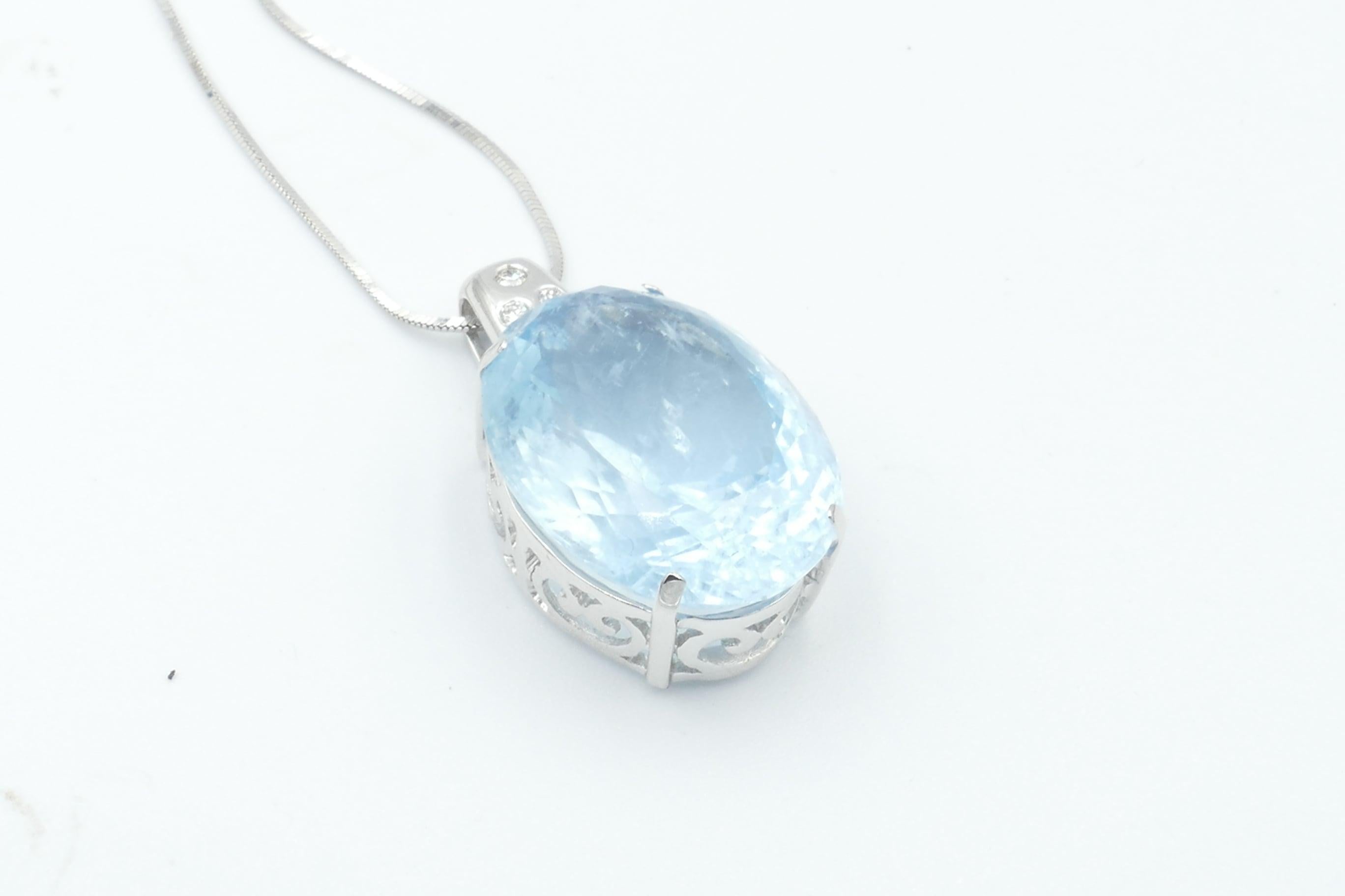 Women's or Men's 18 Karat White Gold Large Aquamarine and Diamond Pendant