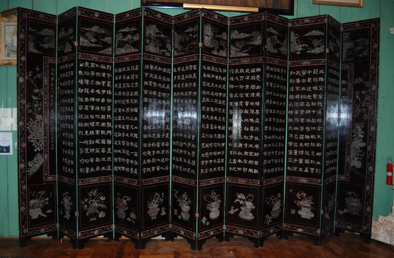 19th Century 12-Panel Coromandel Chinese Screen Wall Art Backdrop Wall Mount Panels carved LA For Sale