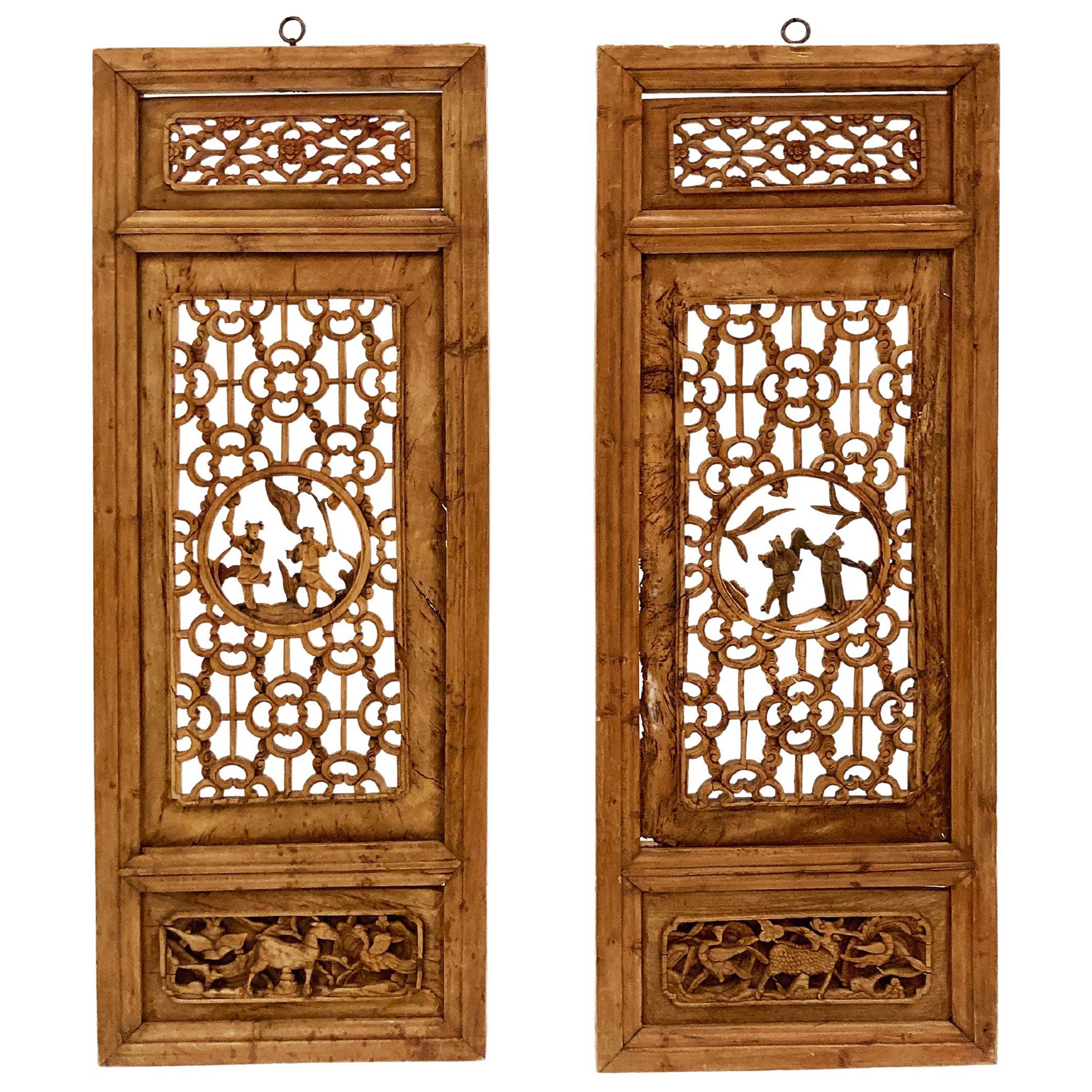 18th/19th C. Chinese Wooden Hand-carved Panels From the Qing Dynasty - a Pair For Sale
