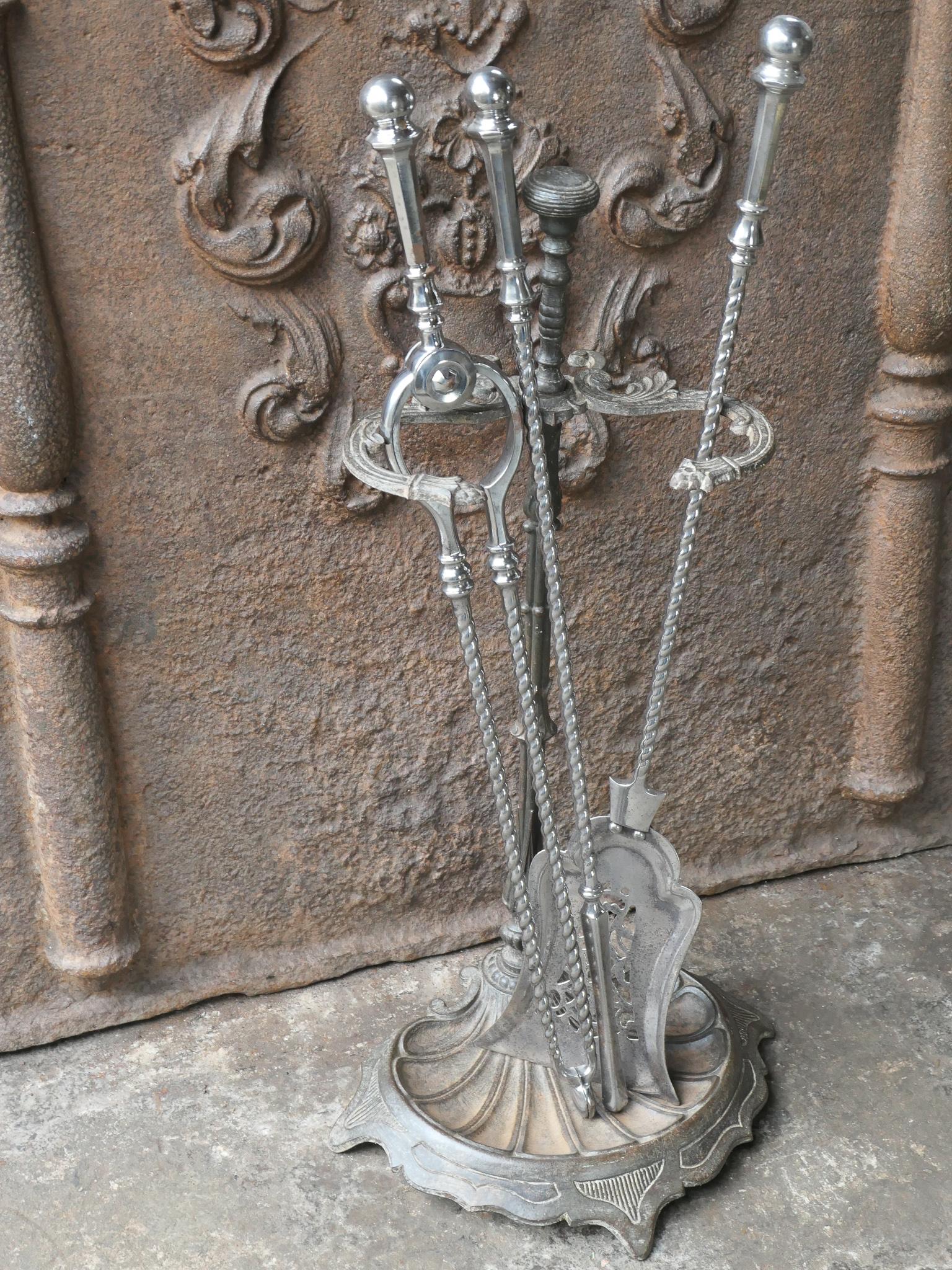 Cast 18th-19th C. English Georgian Polished Steel Fire Irons For Sale