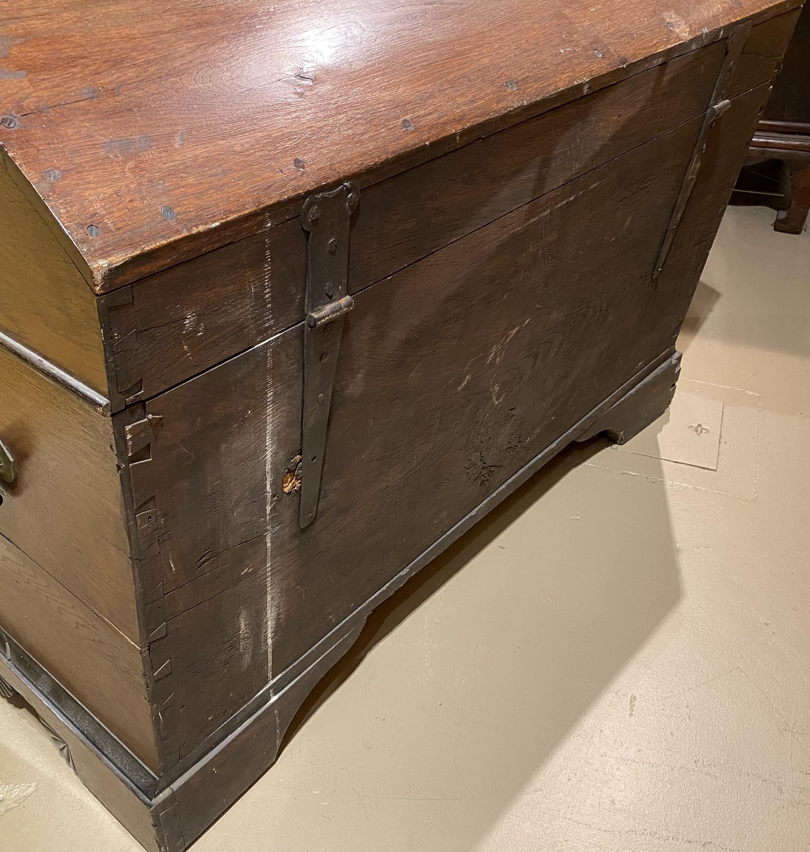 18th/19th c European Oak Dome Top Trunk with Carved Shell Decoration For Sale 8