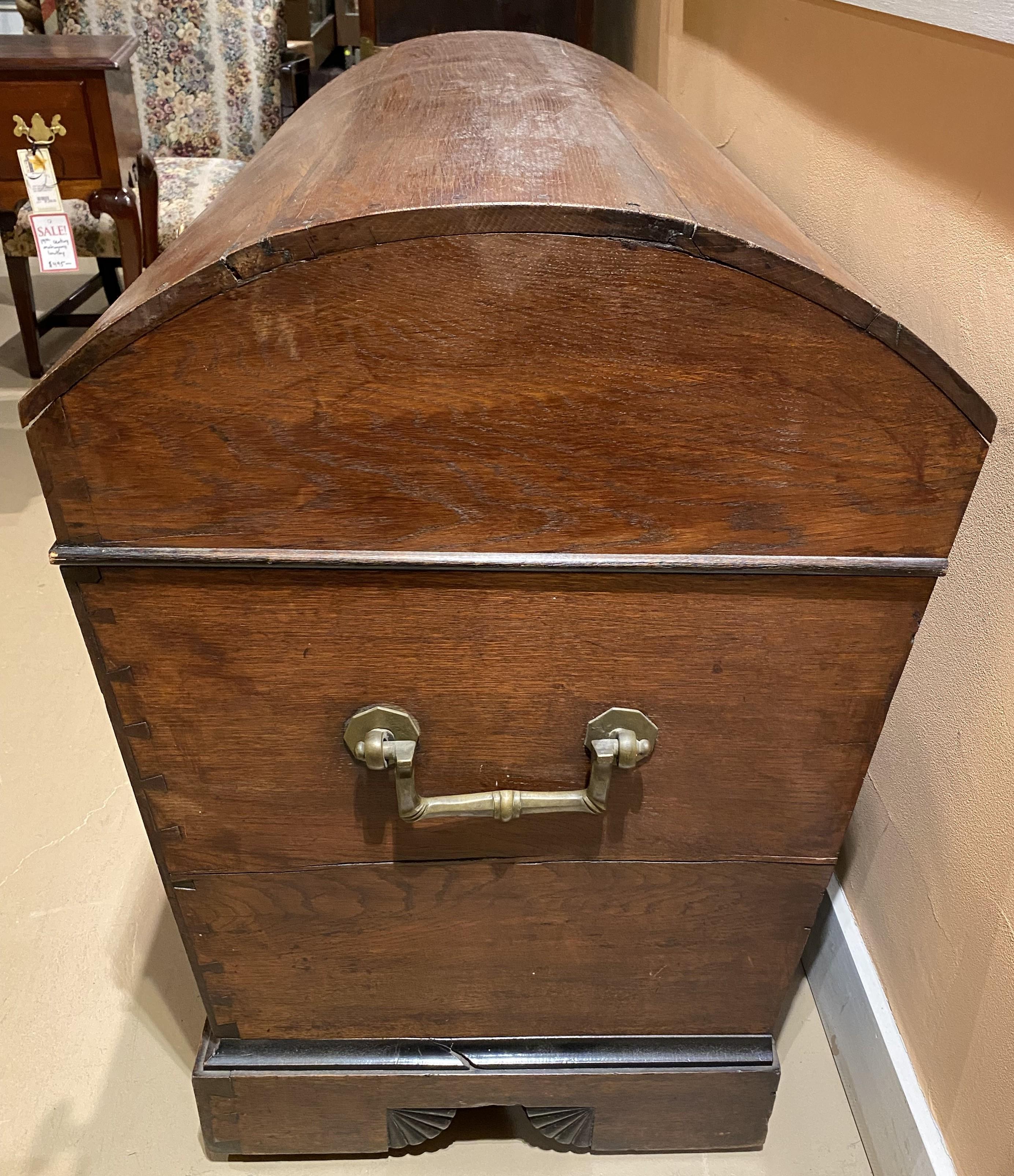 18th Century and Earlier 18th/19th c European Oak Dome Top Trunk with Carved Shell Decoration For Sale