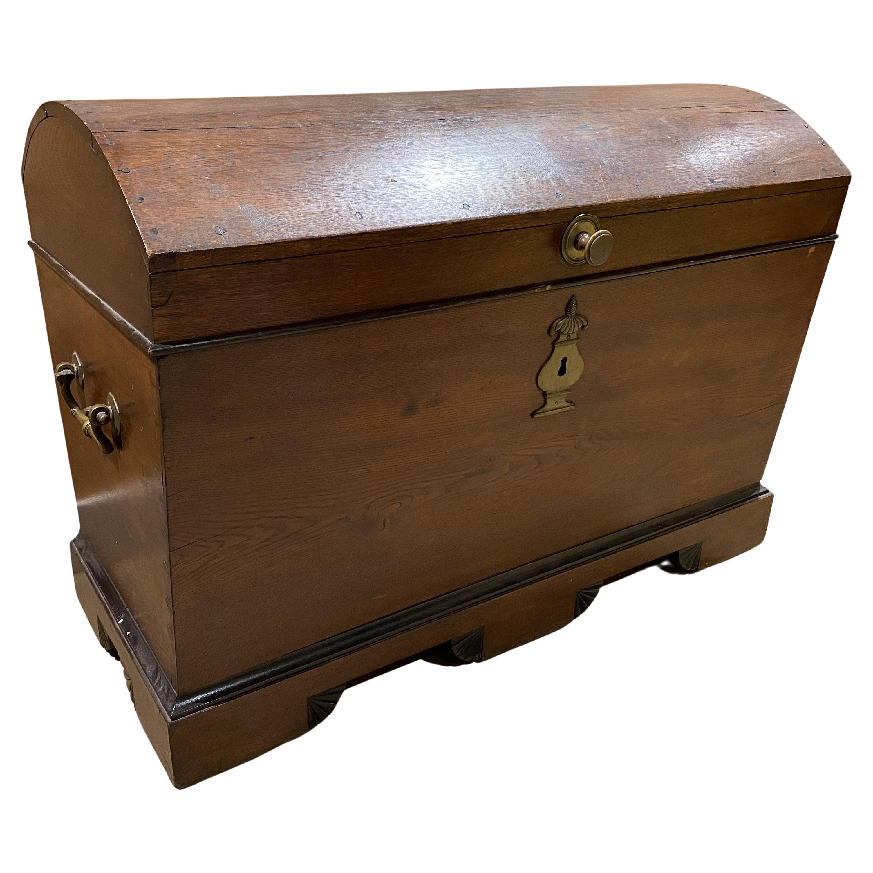 18th/19th c European Oak Dome Top Trunk with Carved Shell Decoration For Sale