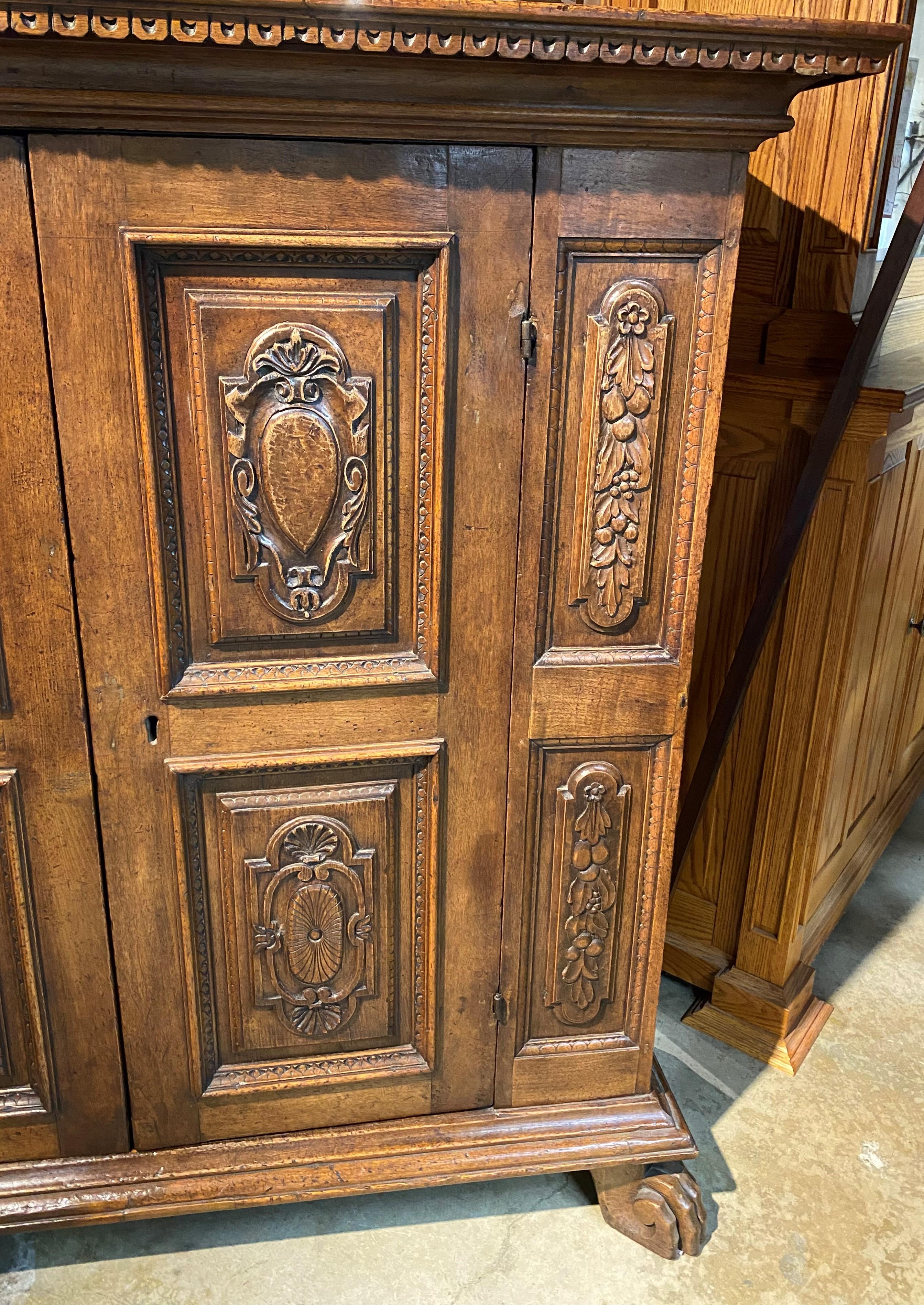 Hand-Carved 18th/19th c Large Italian Baroque Style Two Door Carved Oak Cabinet w/ Paw Feet For Sale