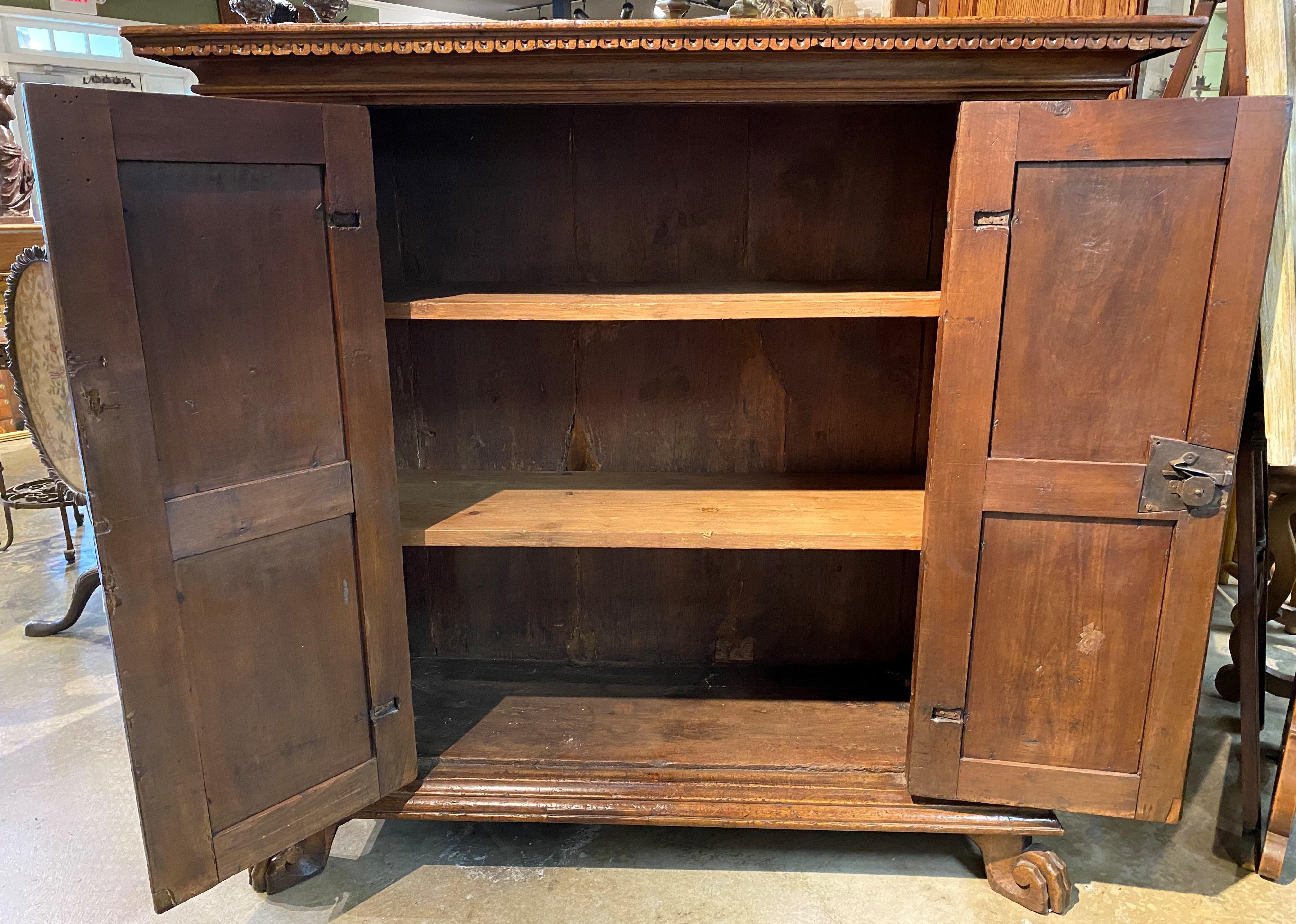 18th/19th c Large Italian Baroque Style Two Door Carved Oak Cabinet w/ Paw Feet For Sale 1