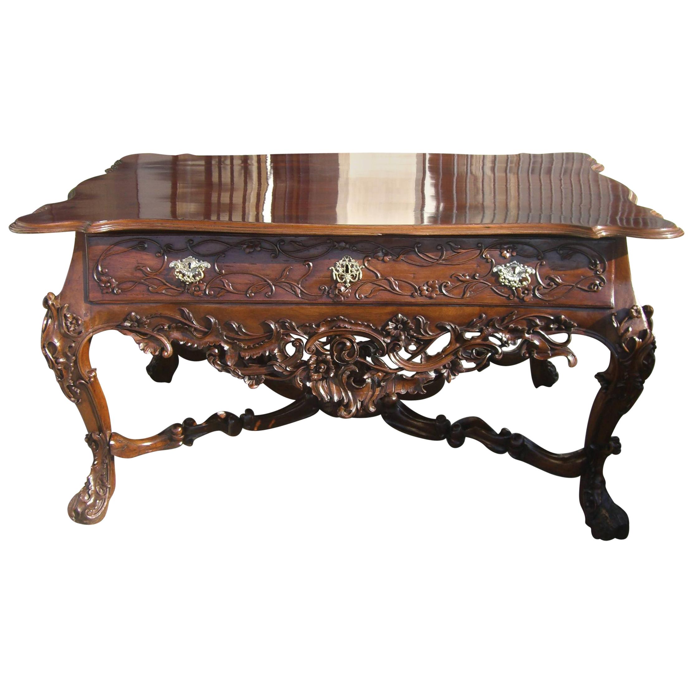 18th C. Portuguese Grand carved Hardwood Library Table Entry center Antiques LA For Sale