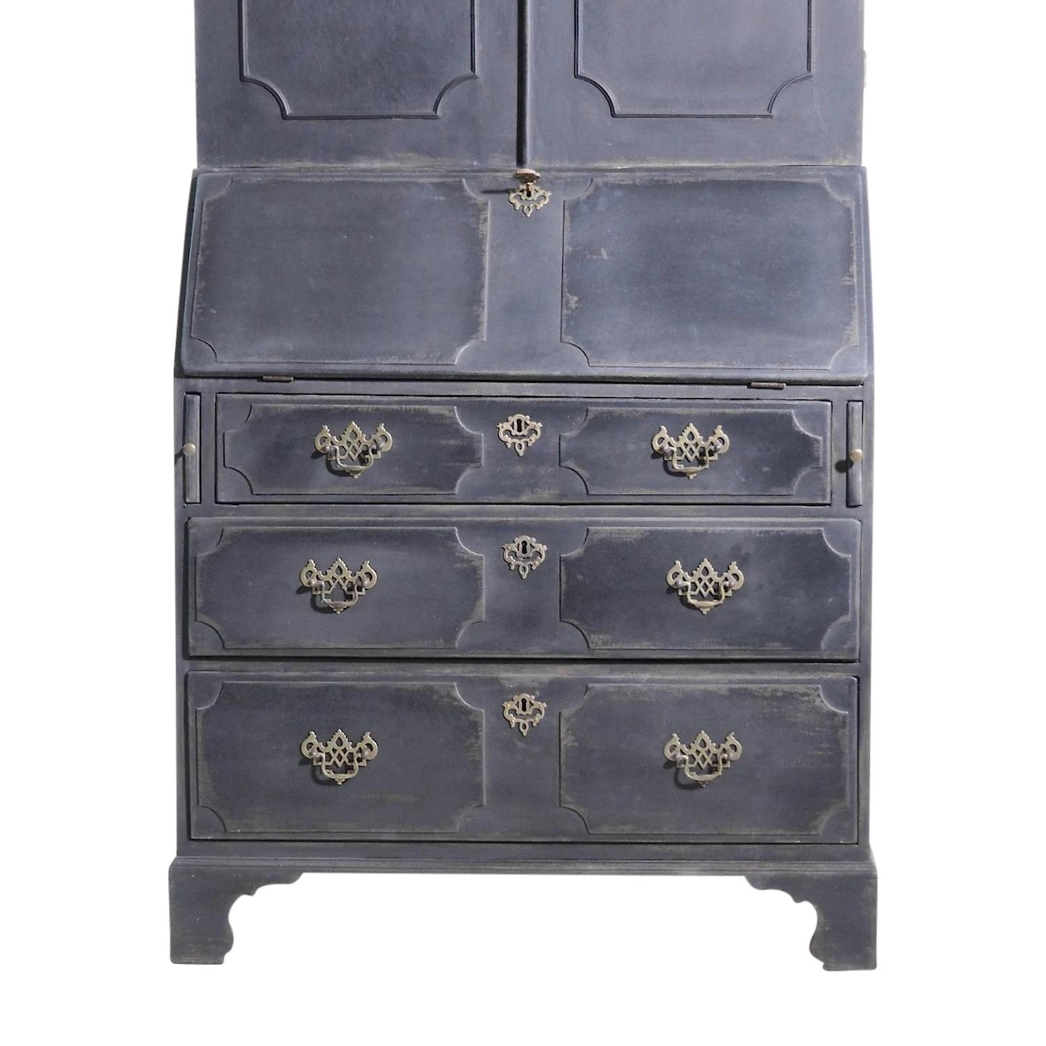 Hand-Carved 18th-19th Century Black Swedish Gustavian Two Part Pinewood Bureau, Secretaire