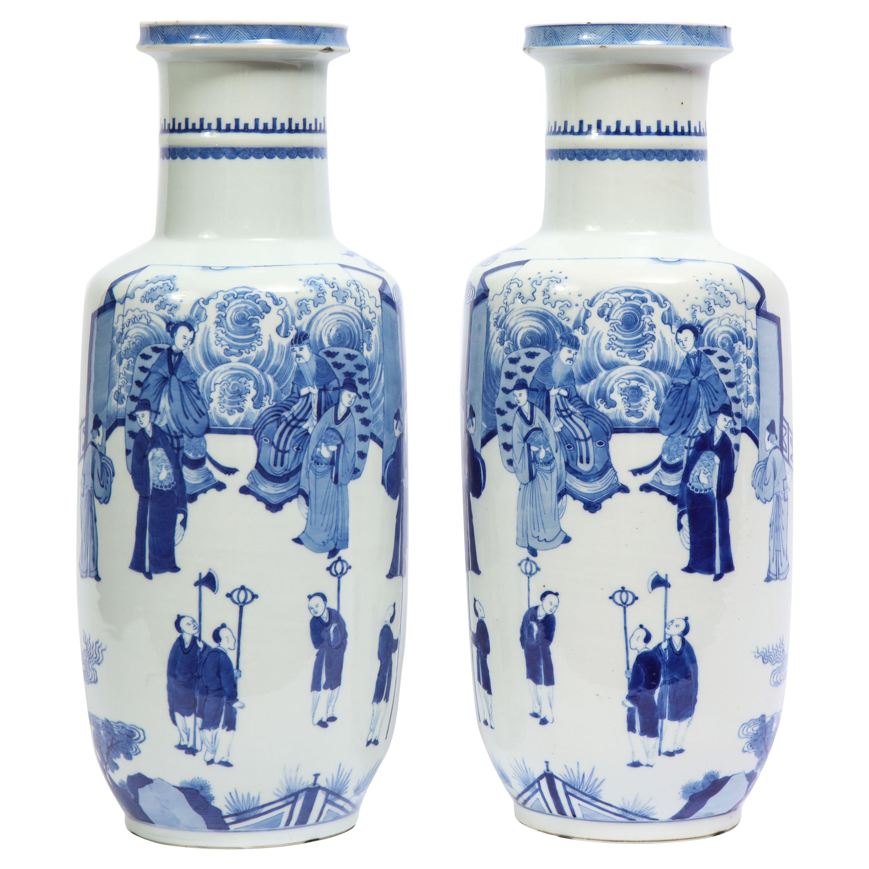 19th Century Blue & White Chinese Porcelain Bangchui Ping Form Vases, Pair For Sale