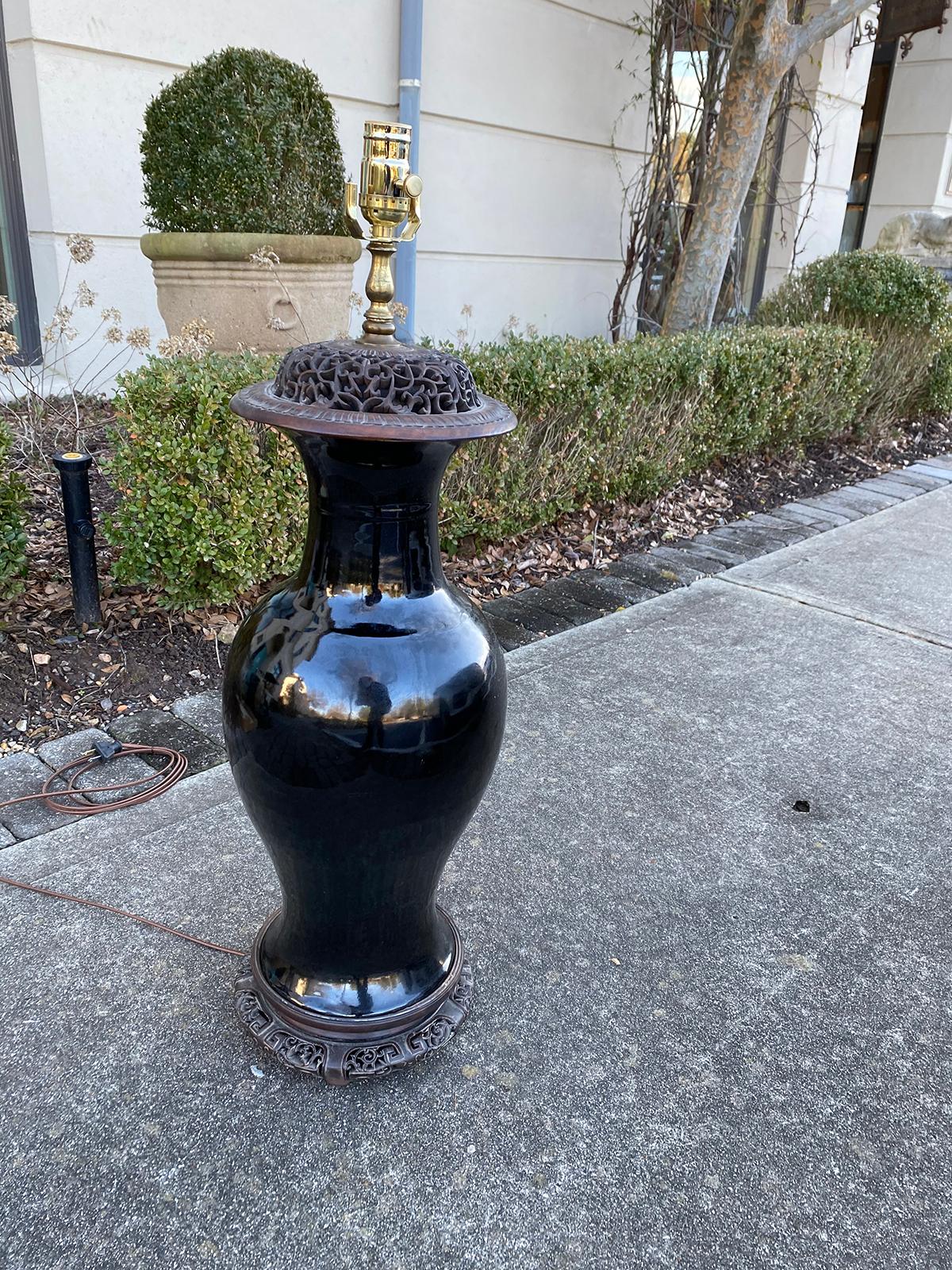 18th-19th Century Chinese Black Mirror Porcelain Vase as Lamp, Carved Wood Base In Good Condition For Sale In Atlanta, GA