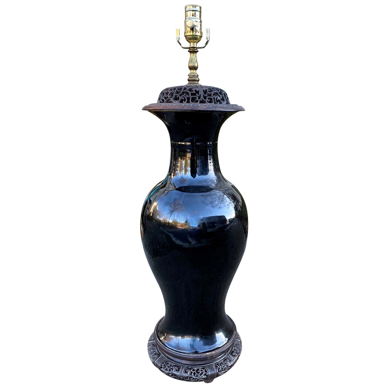 18th-19th Century Chinese Black Mirror Porcelain Vase as Lamp, Carved Wood Base For Sale