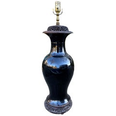 18th-19th Century Chinese Black Mirror Porcelain Vase as Lamp, Carved Wood Base