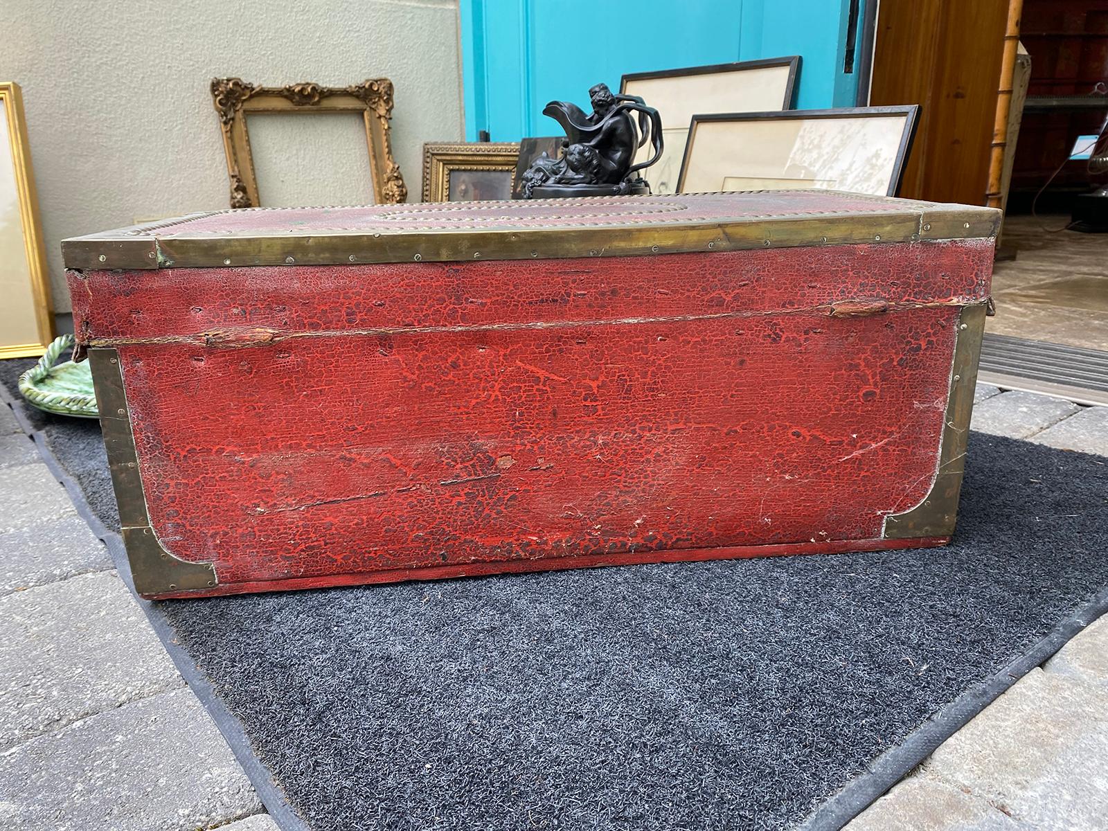 18th-19th Century Chinese Export Red Painted Leather Camphor Wood Trunk 9