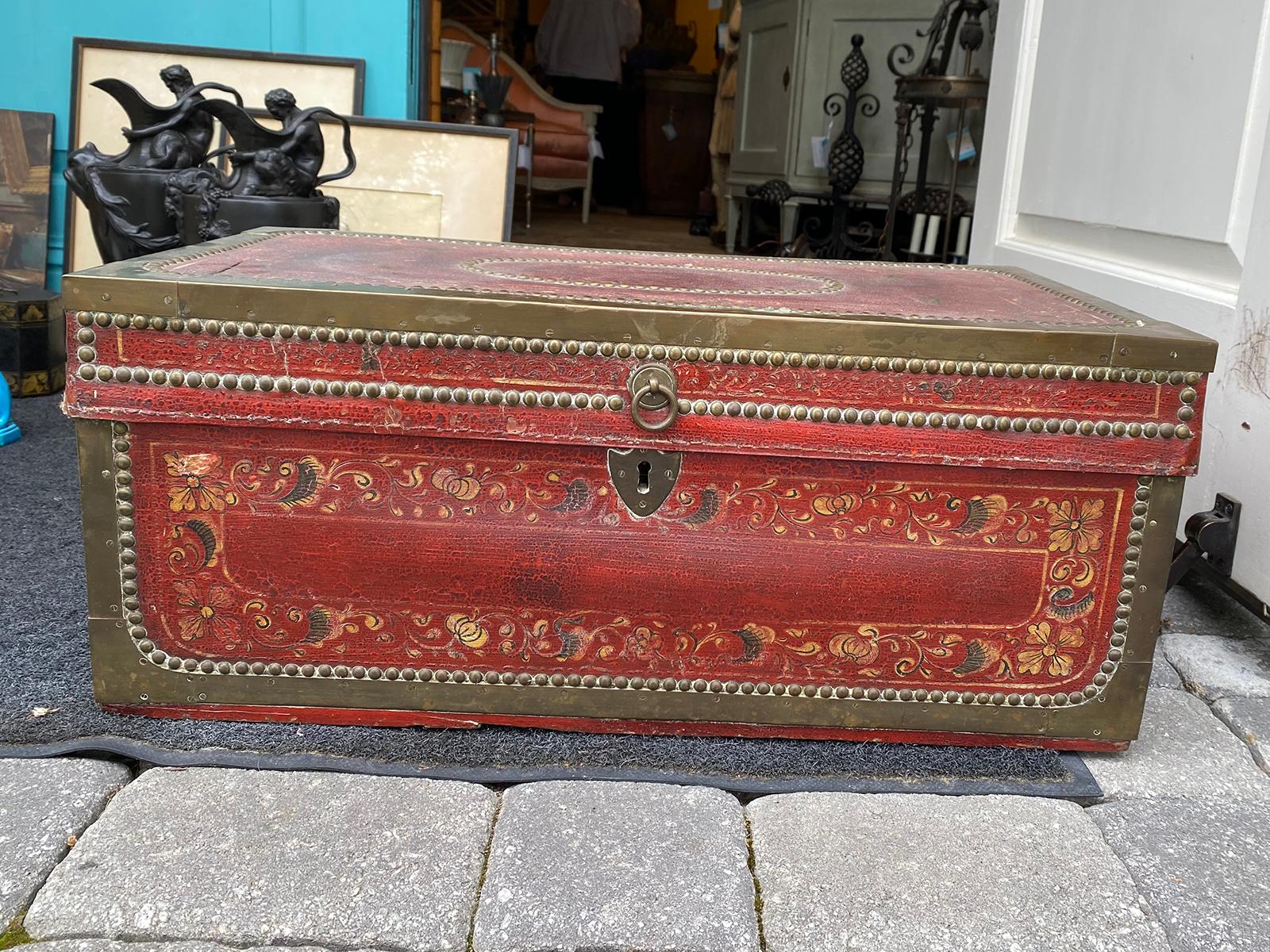 18th-19th century Chinese Export red painted leather Camphor wood trunk.