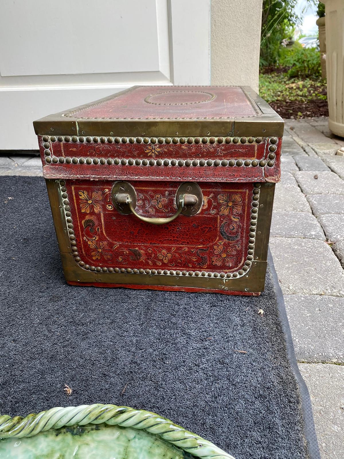 18th-19th Century Chinese Export Red Painted Leather Camphor Wood Trunk In Good Condition In Atlanta, GA
