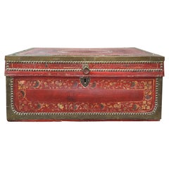 18th-19th Century Chinese Export Red Painted Leather Camphor Wood Trunk