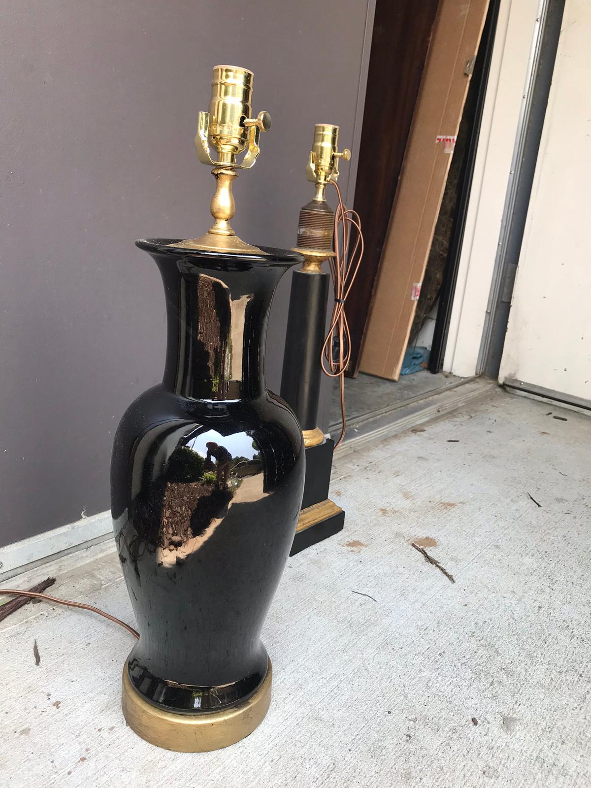 18th-19th Century Chinese Mirror Black Porcelain Vas as Lamp, Custom Base In Good Condition For Sale In Atlanta, GA