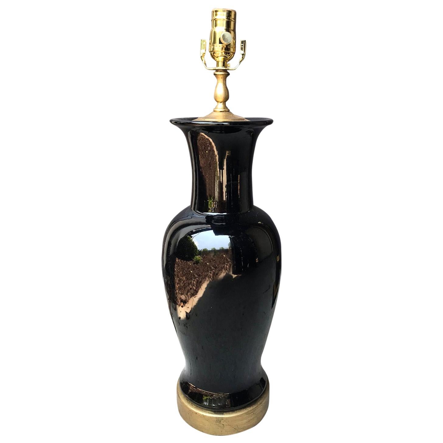 18th-19th Century Chinese Mirror Black Porcelain Vas as Lamp, Custom Base For Sale