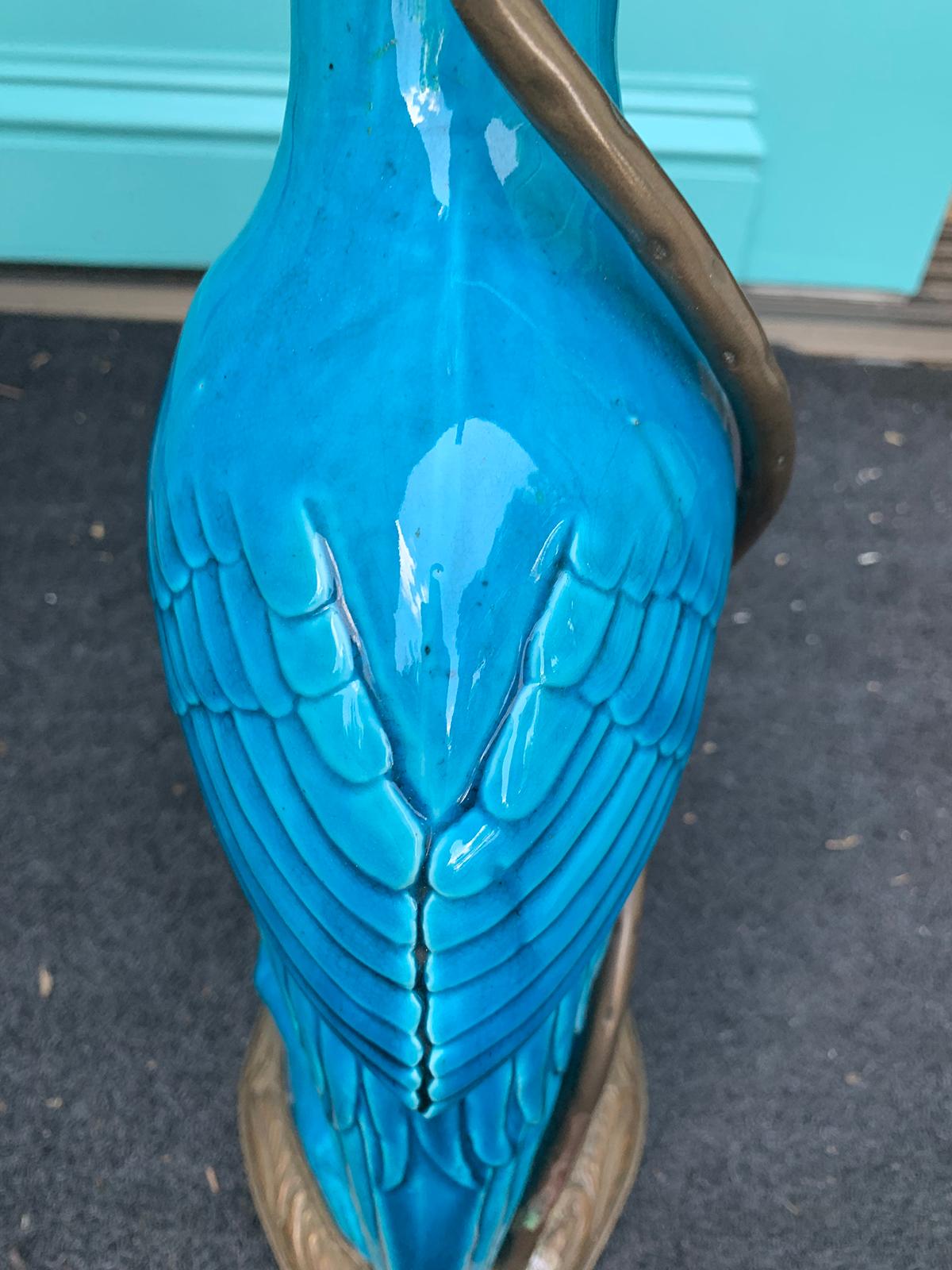 18th-19th Century Chinese Turquoise Porcelain Bird Mounted as Lamp 6