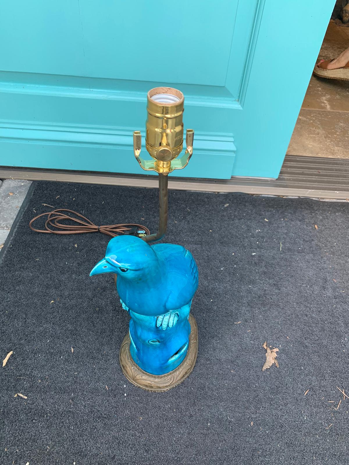18th-19th Century Chinese Turquoise Porcelain Bird Mounted as Lamp 8